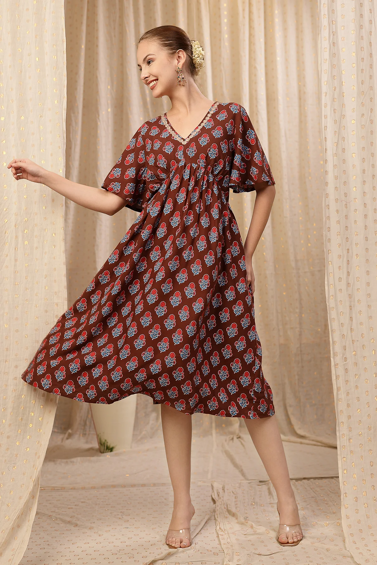 All Over Printed Concealed Zip Feeding Maternity Dress - Brown - Image 7
