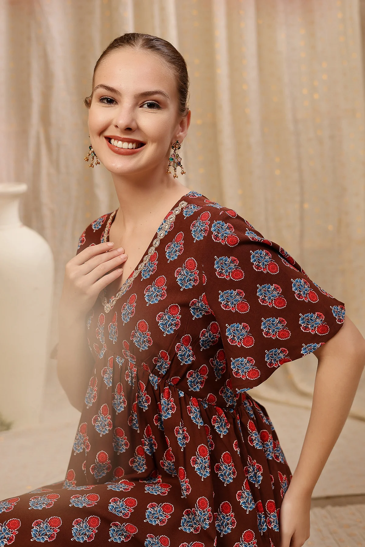 All Over Printed Concealed Zip Feeding Maternity Dress - Brown - Image 8