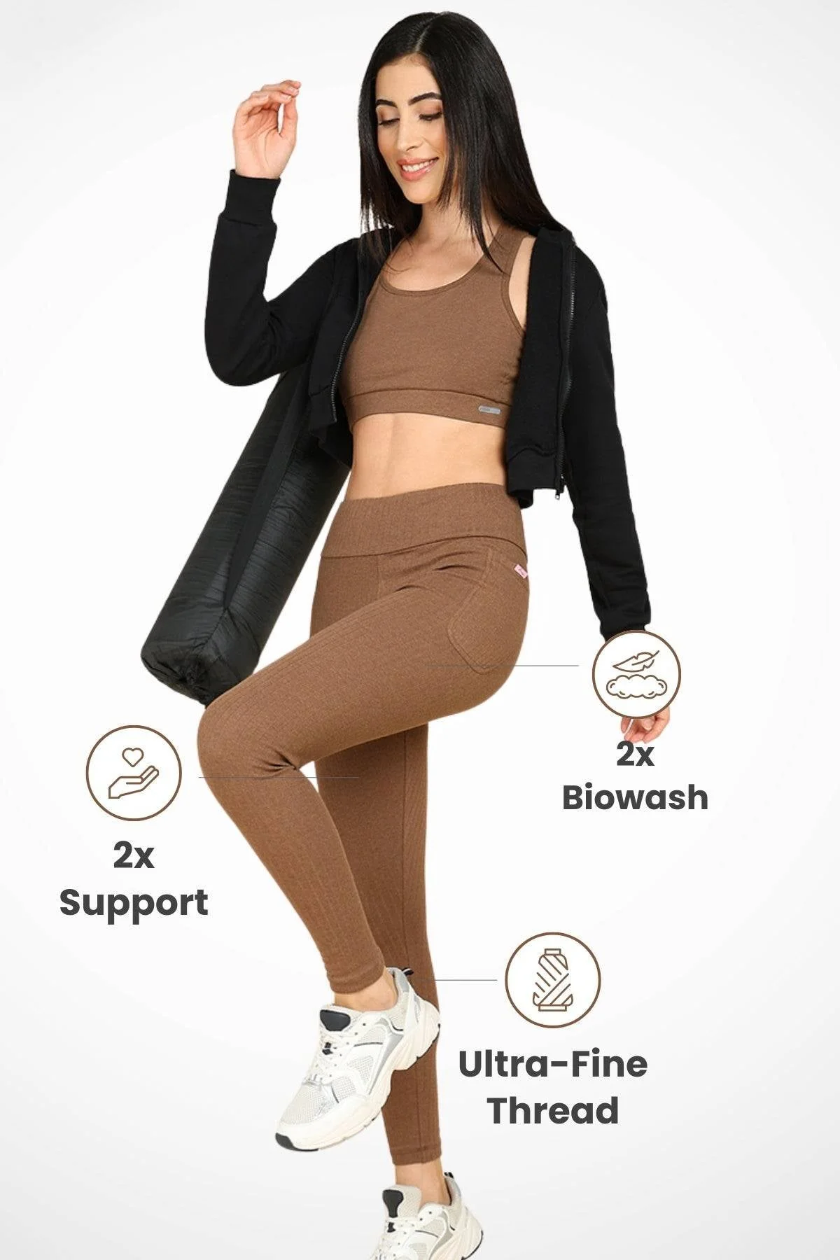 All Over Ribbed Cotton Melange Brown Mom Legging - Image 11