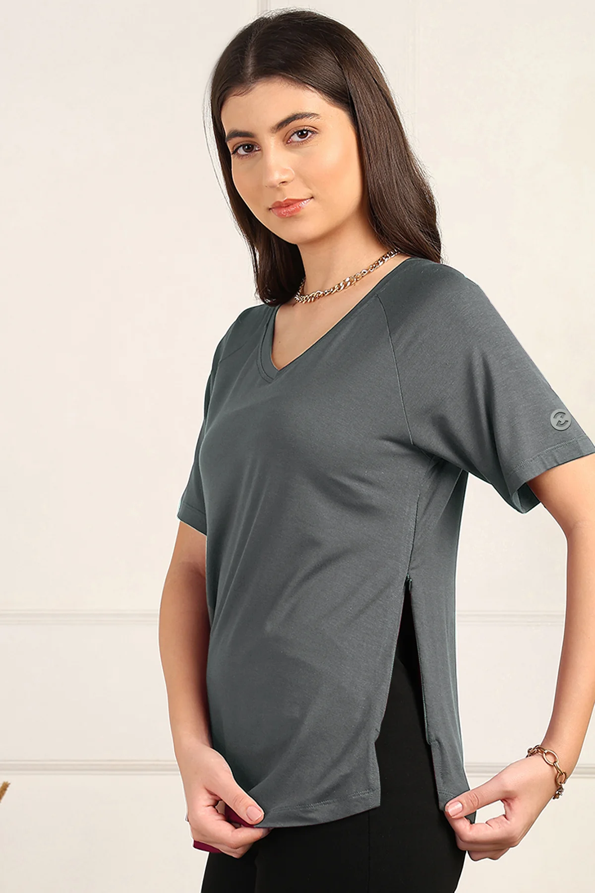 Charcoal Grey Maternity Nursing Top & Shorts Set - Image 3