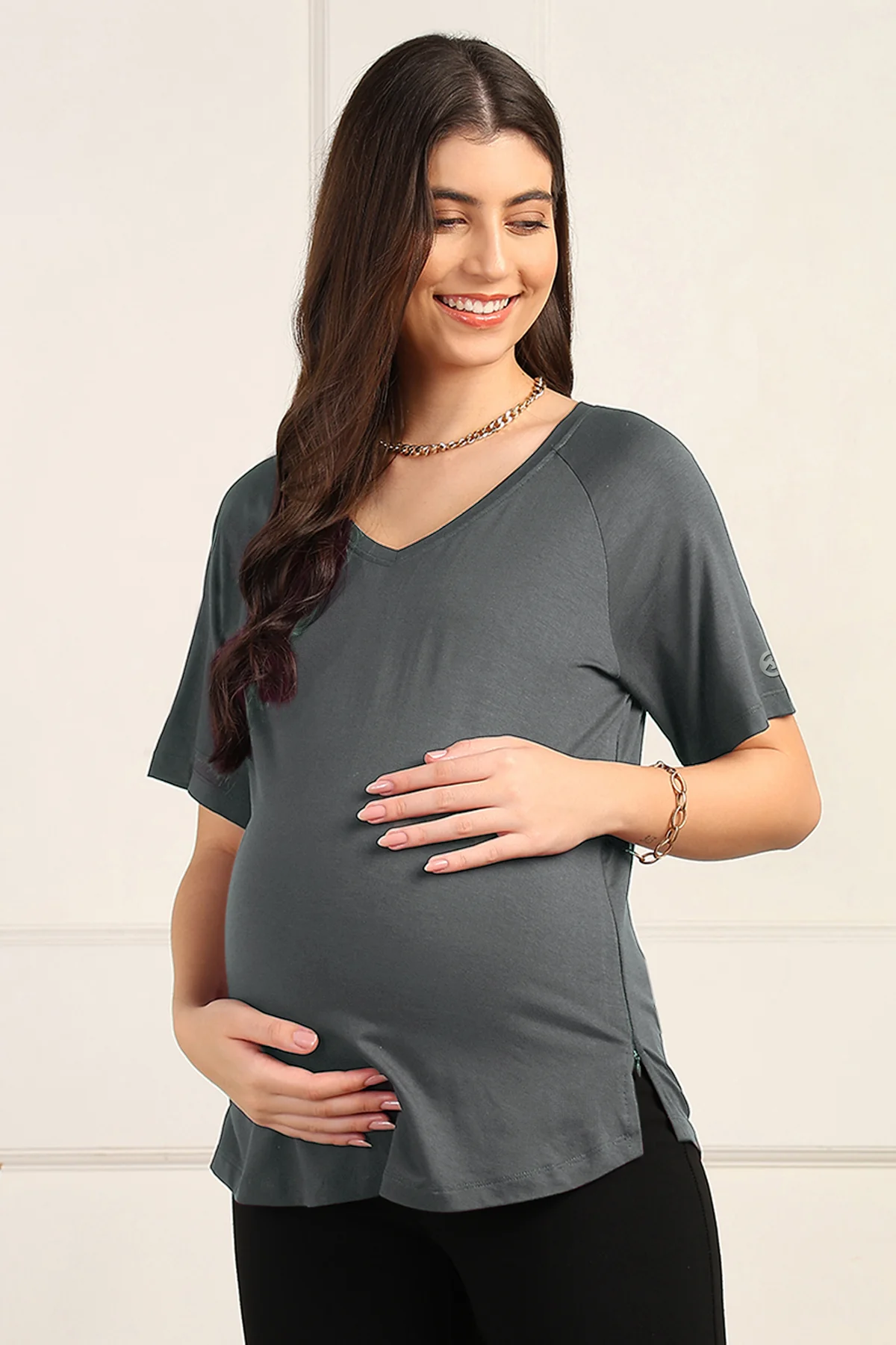 Charcoal Grey Maternity Nursing Top & Shorts Set - Image 5