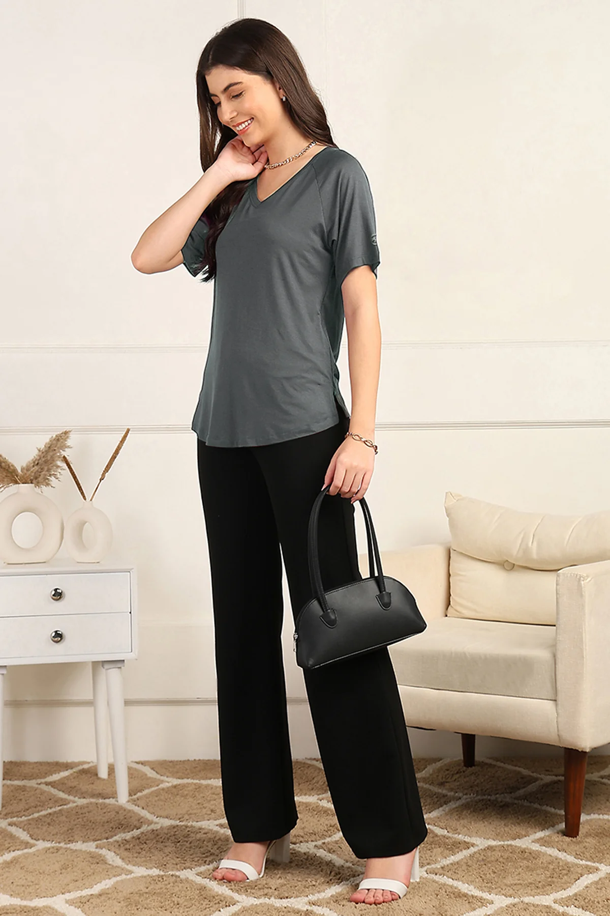 Charcoal Grey Maternity Nursing Top & Shorts Set - Image 9