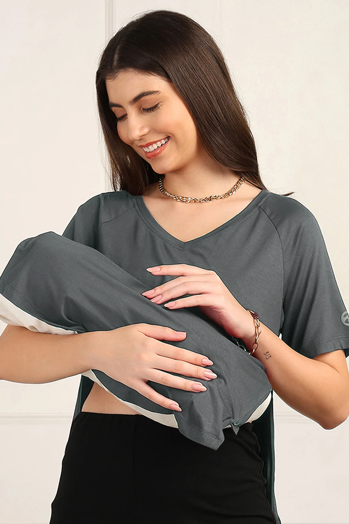 Charcoal Grey Solid Nursing Top with Side Zip Access - Image 2