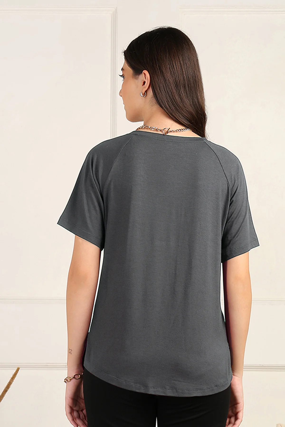 Charcoal Grey Solid Nursing Top with Side Zip Access - Image 3