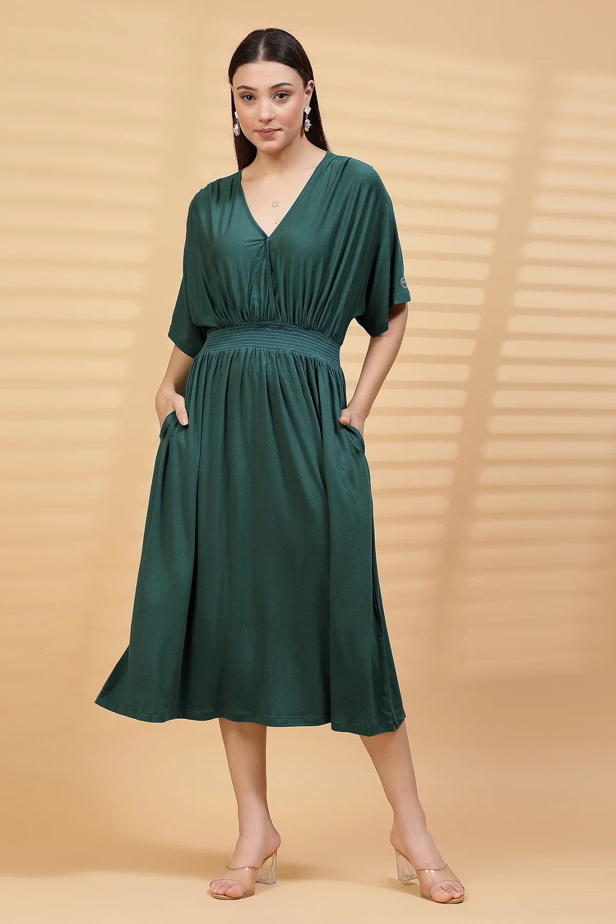 Deep Emerald Solid Smocked Waist Zipless Feeding Dress - Image 5