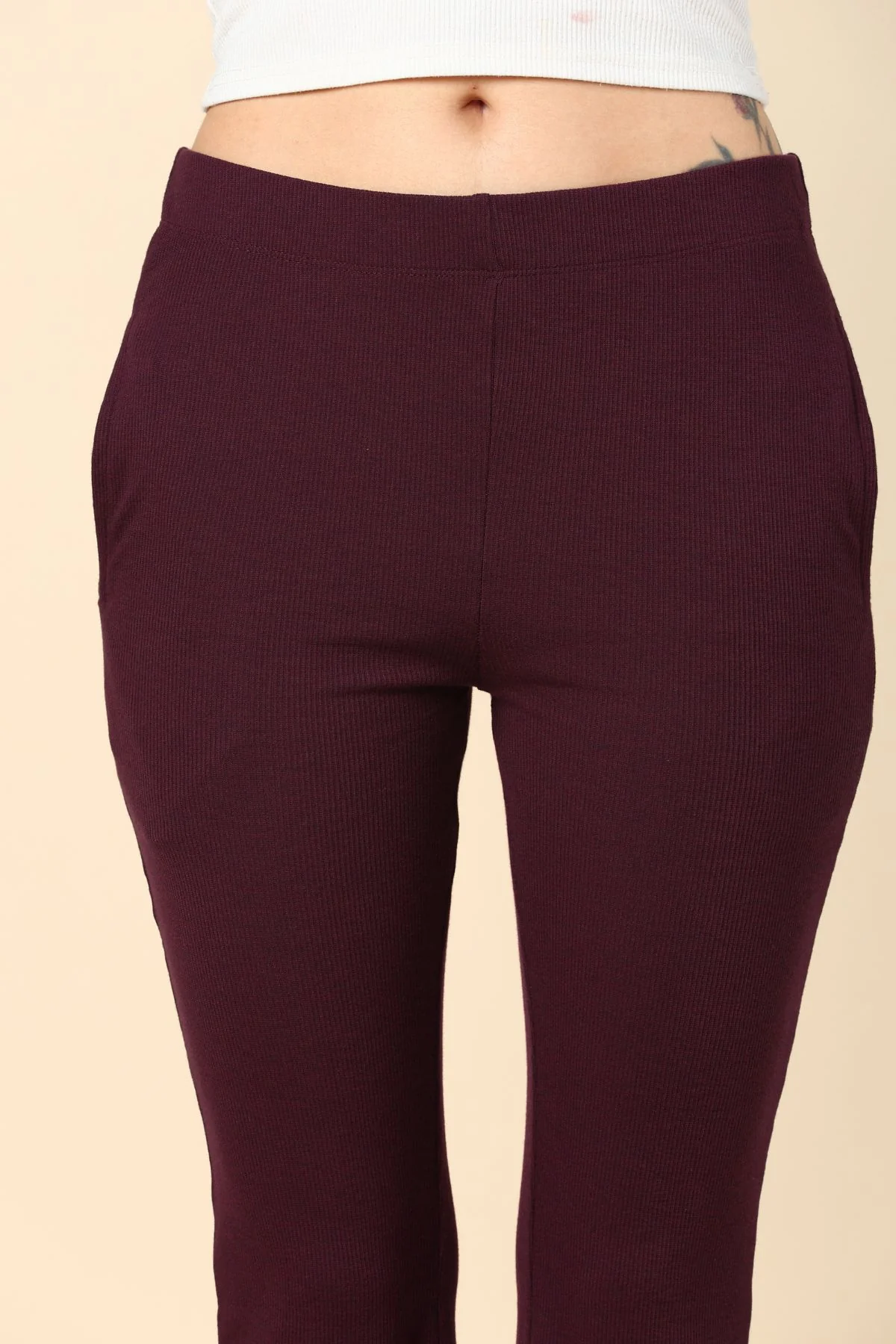 Wine Ribbed Pregnancy Lounge Pants with 2 Pockets - Image 3