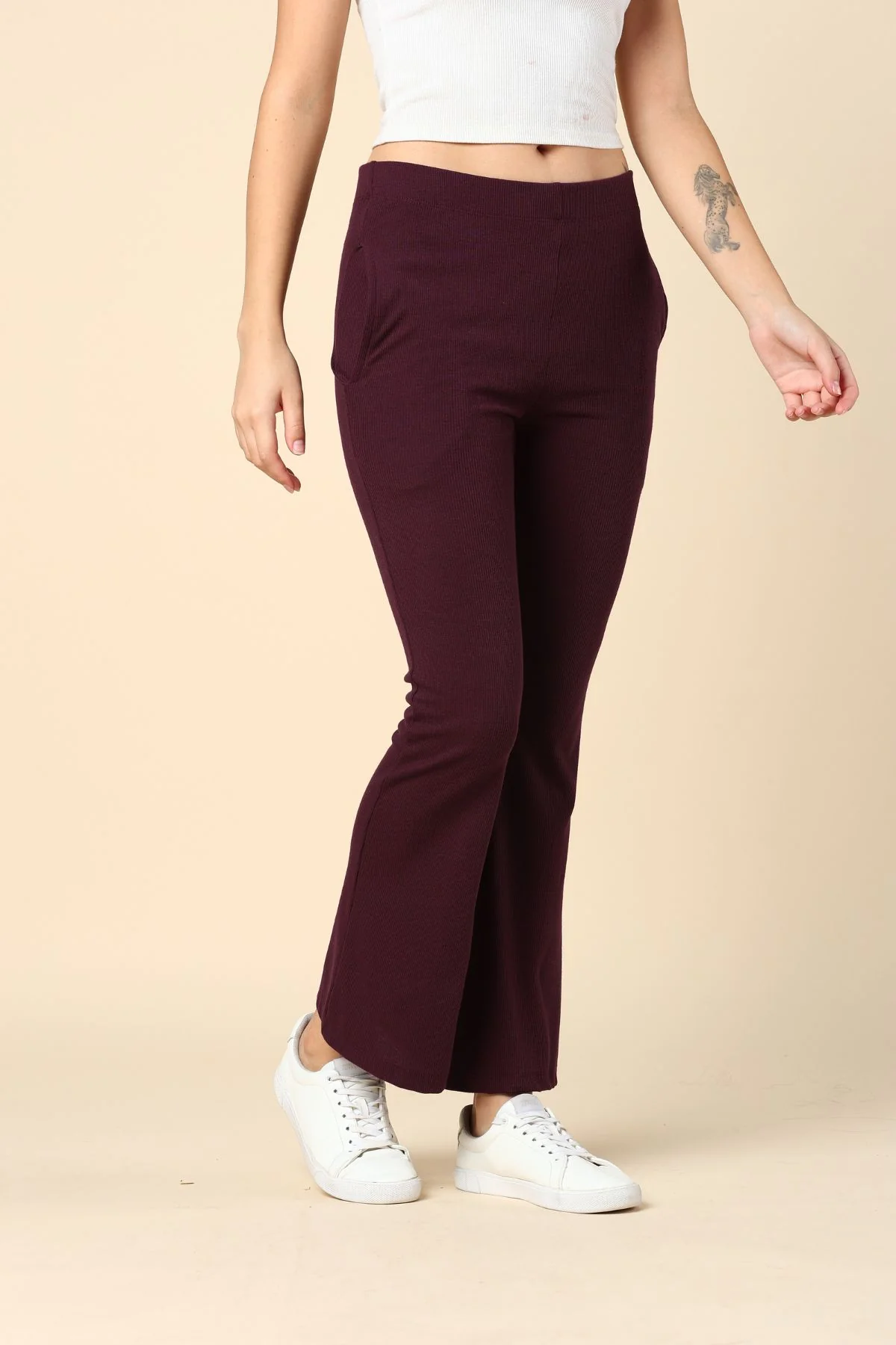 Wine Ribbed Pregnancy Lounge Pants with 2 Pockets - Image 4