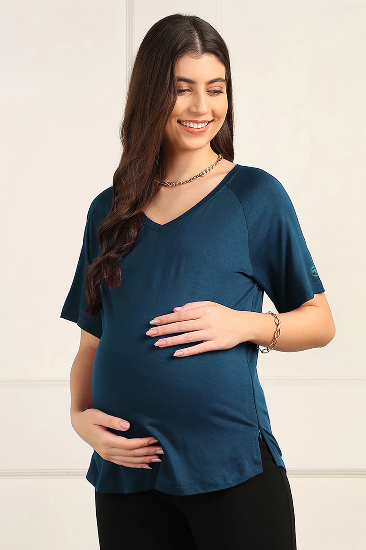 Deep Teal Maternity Nursing Top & Shorts Set - Image 4