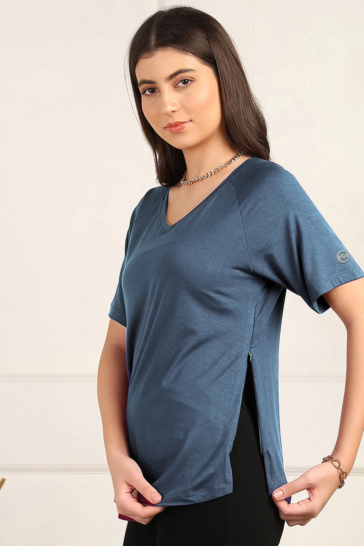 Denim Blue Solid Nursing Top with Side Zip Access