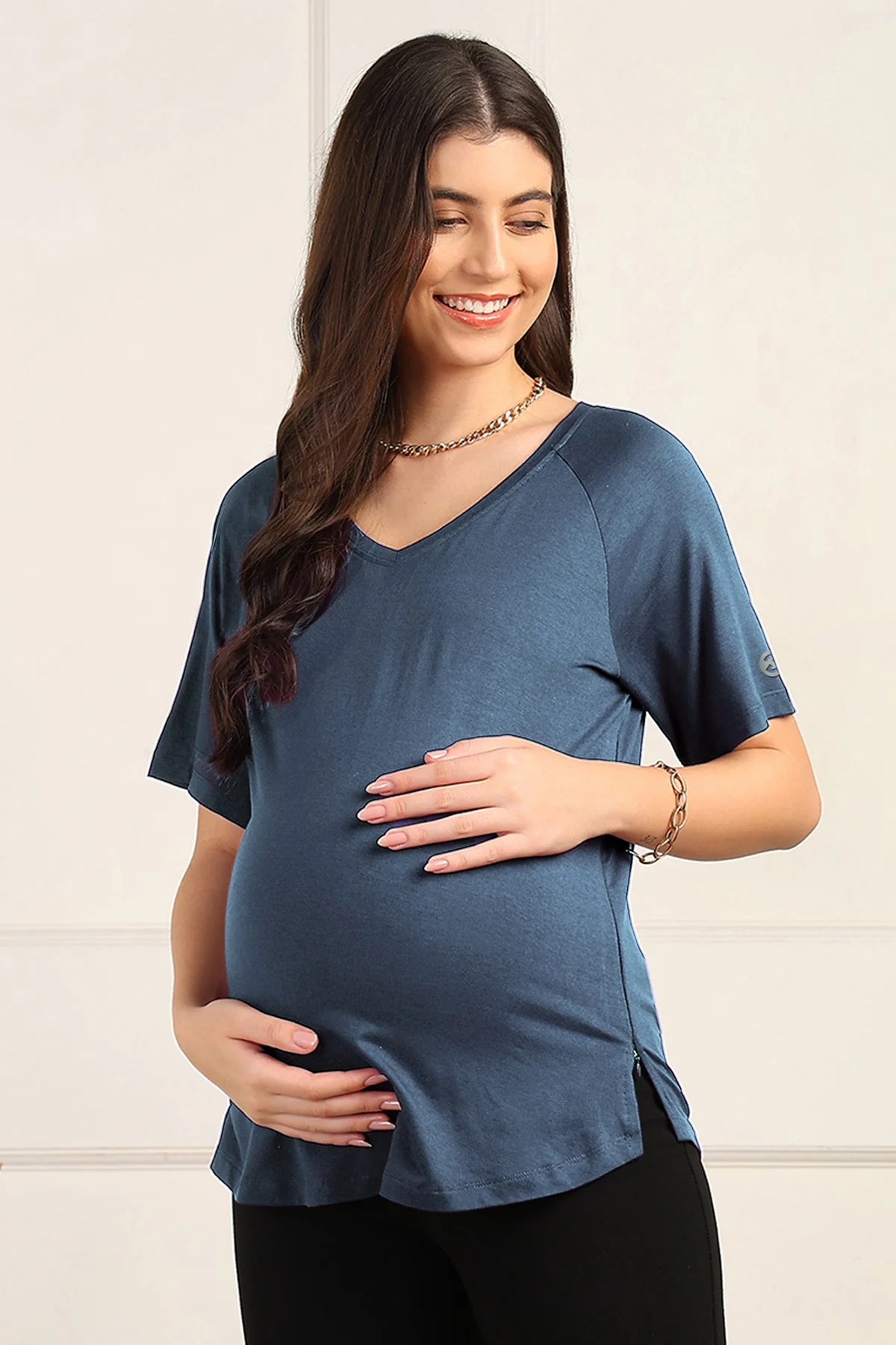 Denim Blue Solid Nursing Top with Side Zip Access - Image 2