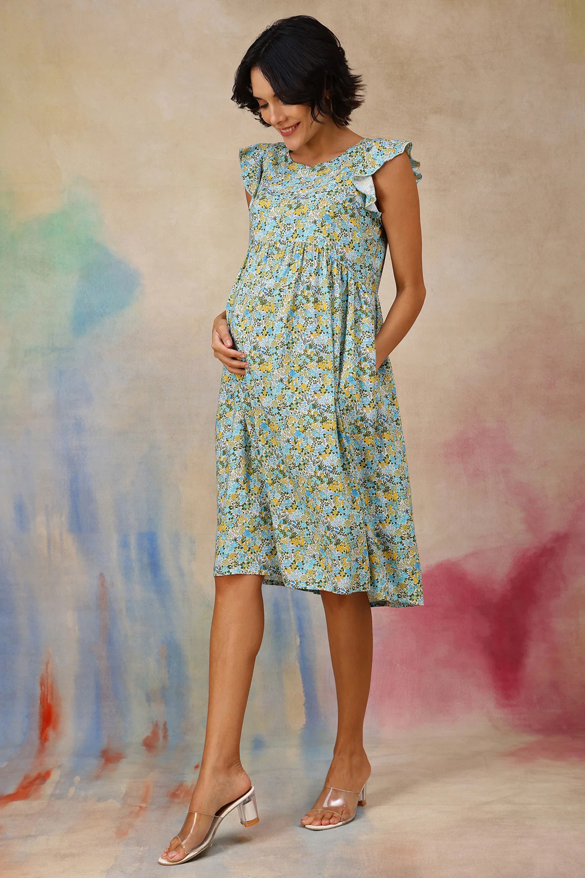 Ditsy Blue Floral Bloom Zip Feeding Dress - Image 6
