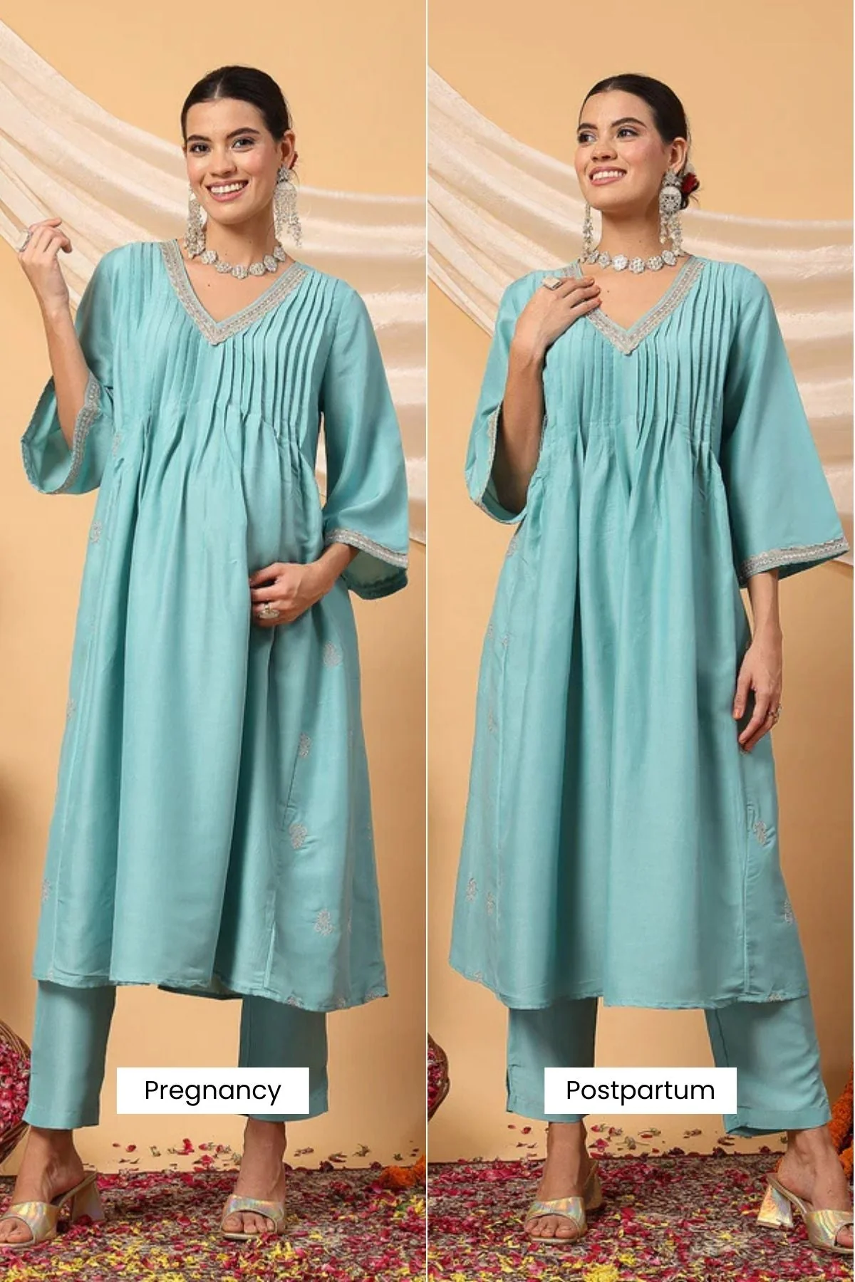 Elegant Turquoise Festive Glow Maternity Feeding Suit Set - Image 15