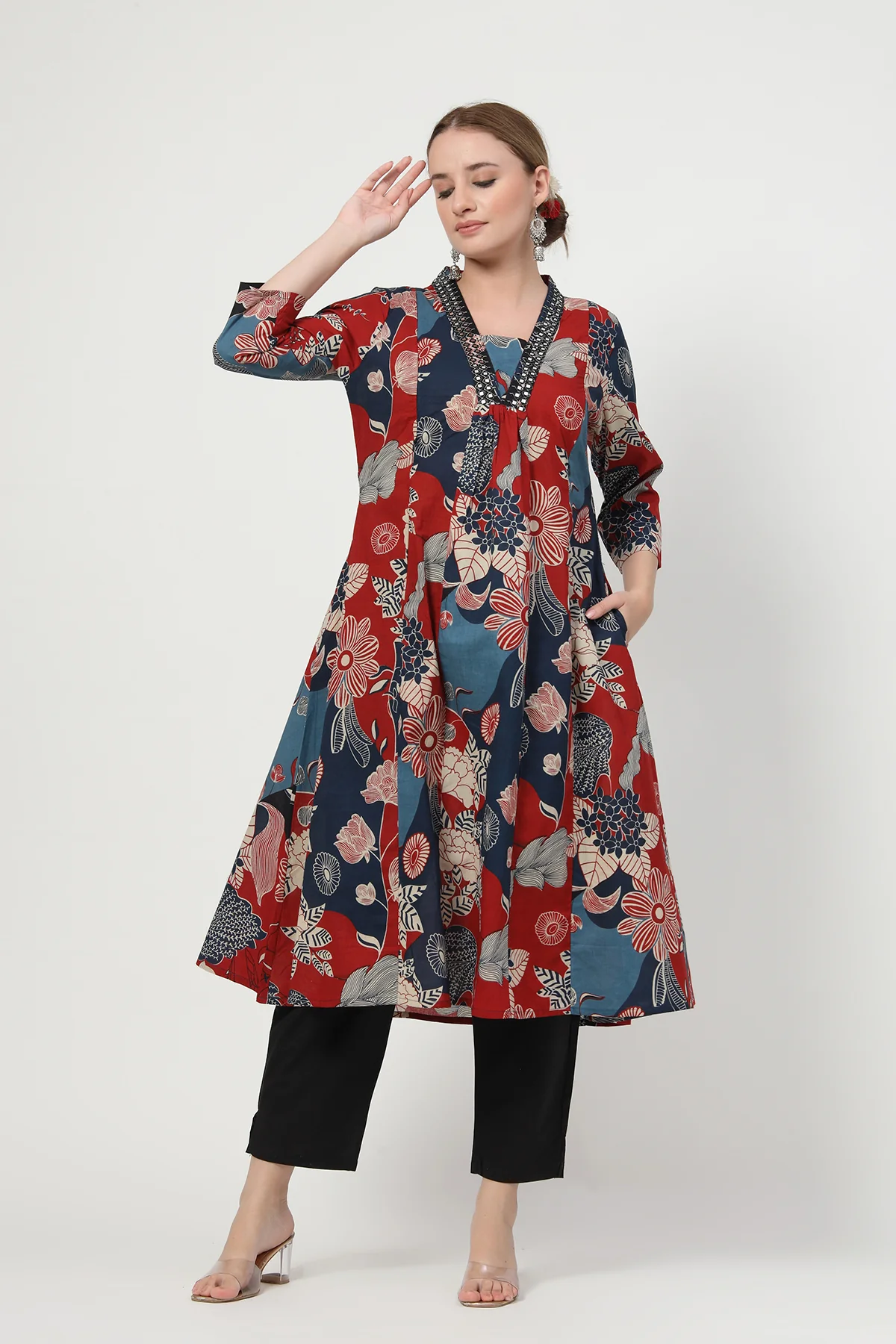 Embroidered Floral Print Cotton Maternity & Nursing Kurta Set - Navy Blue