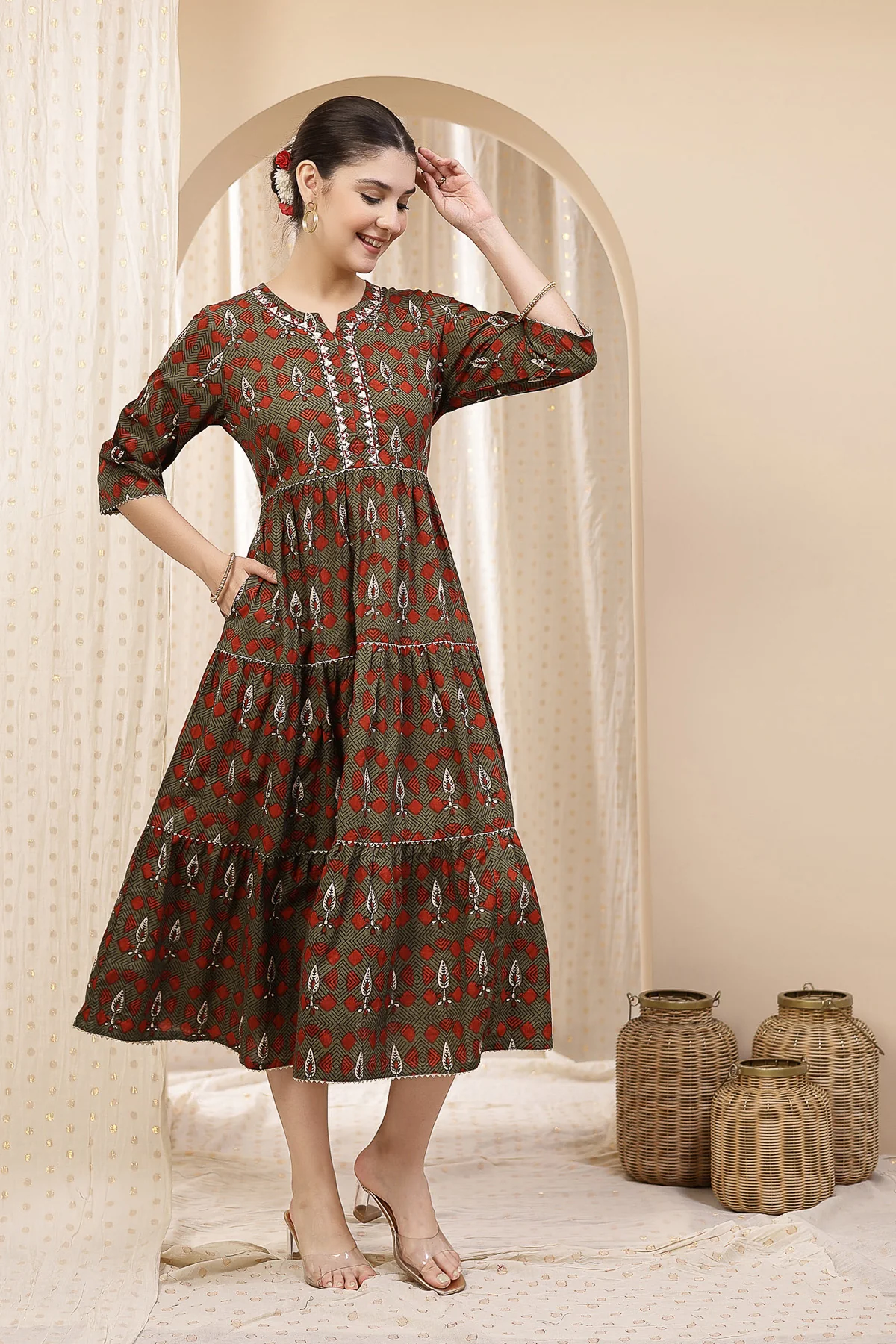 Ethnic Cotton Tiered Maternity Kurti for Feeding - Green