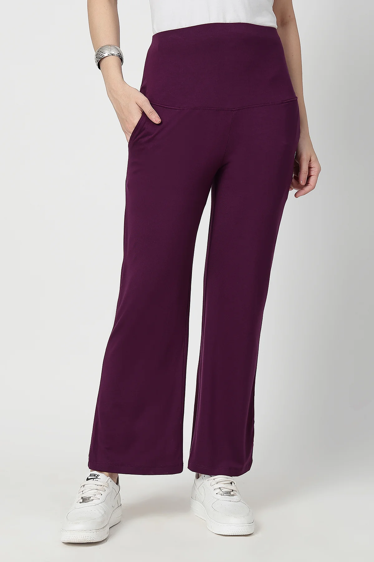 Flared High Waist Maternity Pants with Pockets - Plum