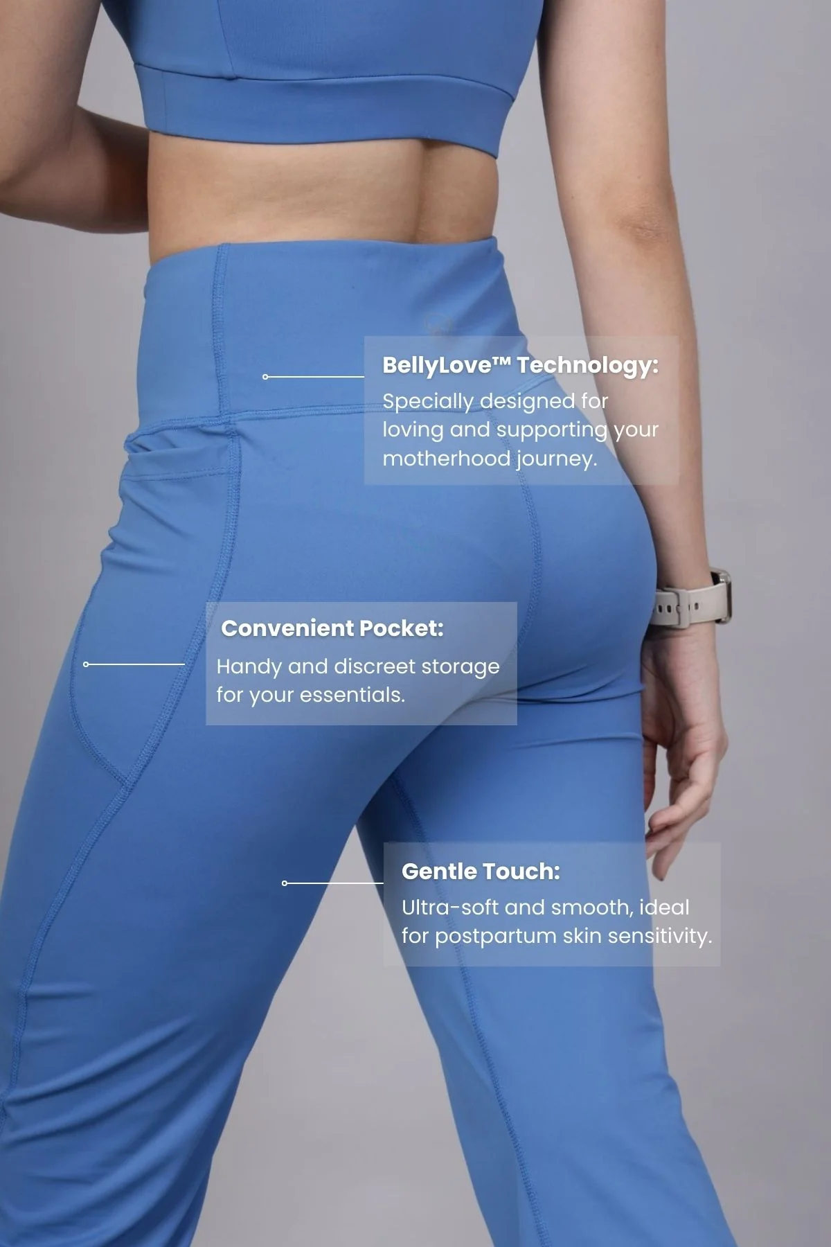High Waisted Gentle Compression Blue Postpartum Pants - Image 4