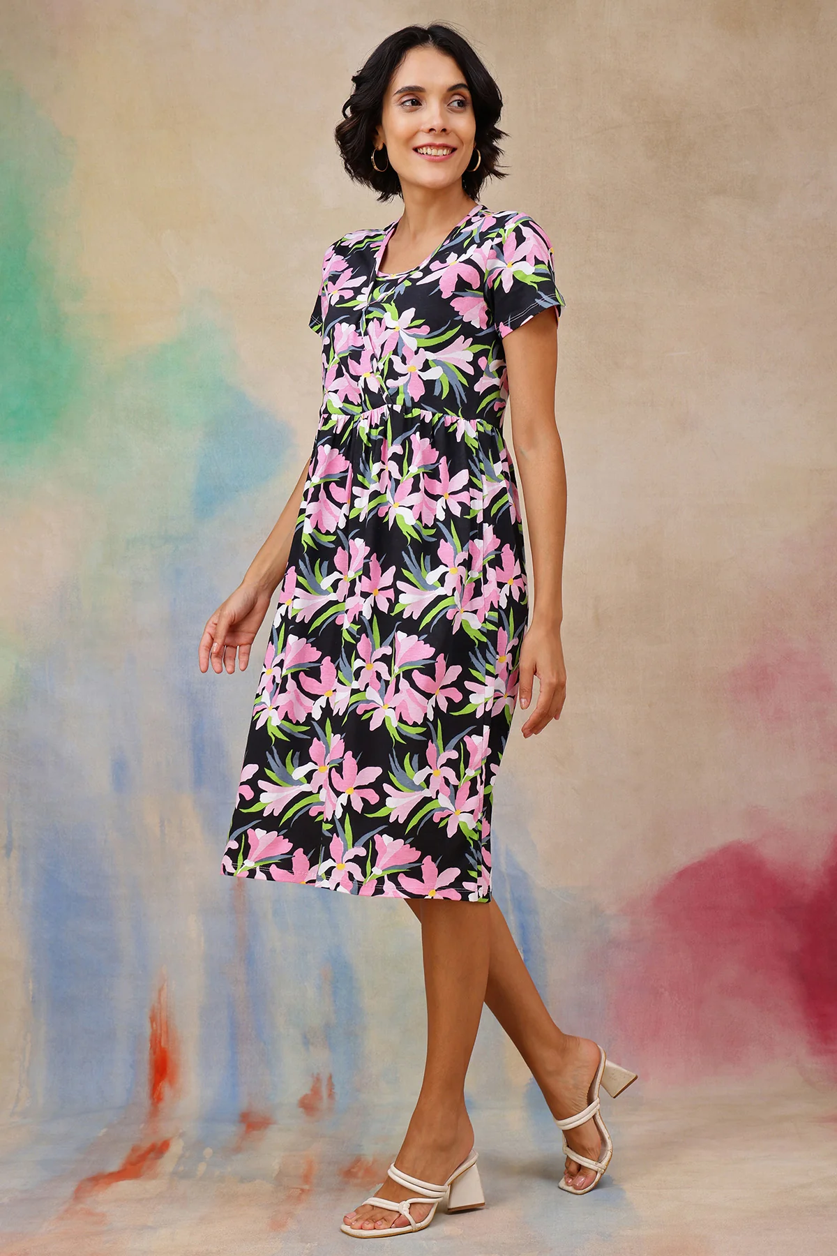 Floral Printed Maternity Zipless Feeding Dress - Image 7