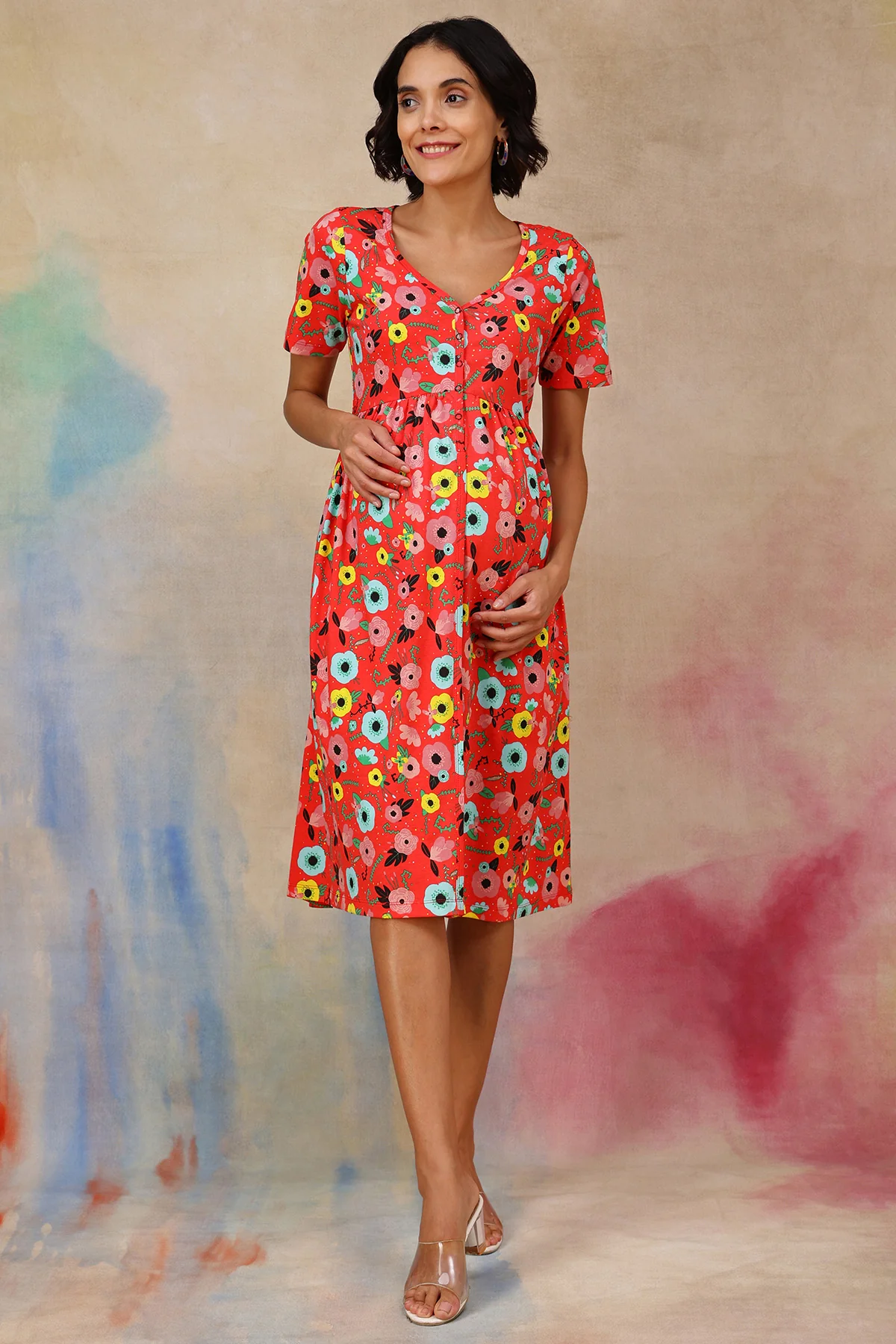 Floral Printed Zipless Feeding Dress - Red