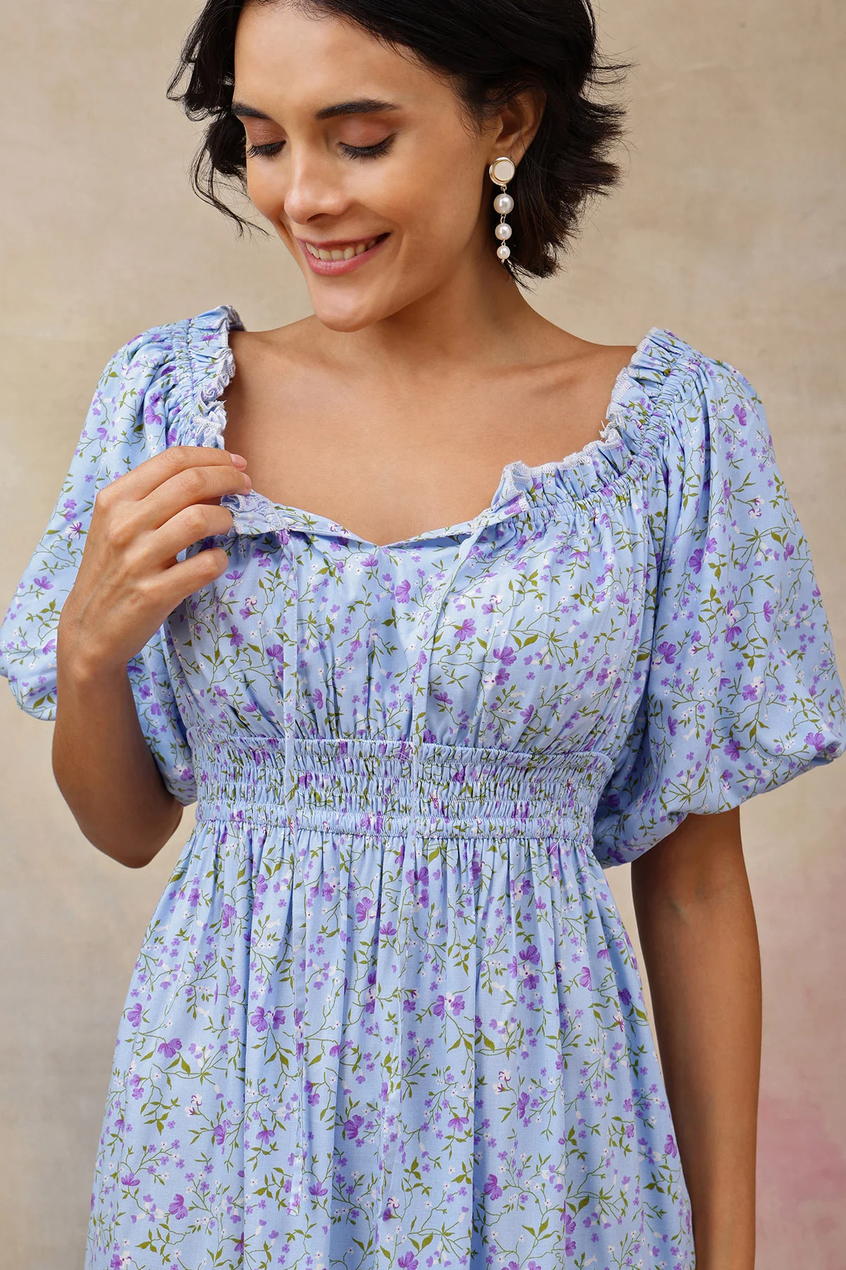 Floral Rayon Midi Dress with Zipless Feeding - Blue - Image 3