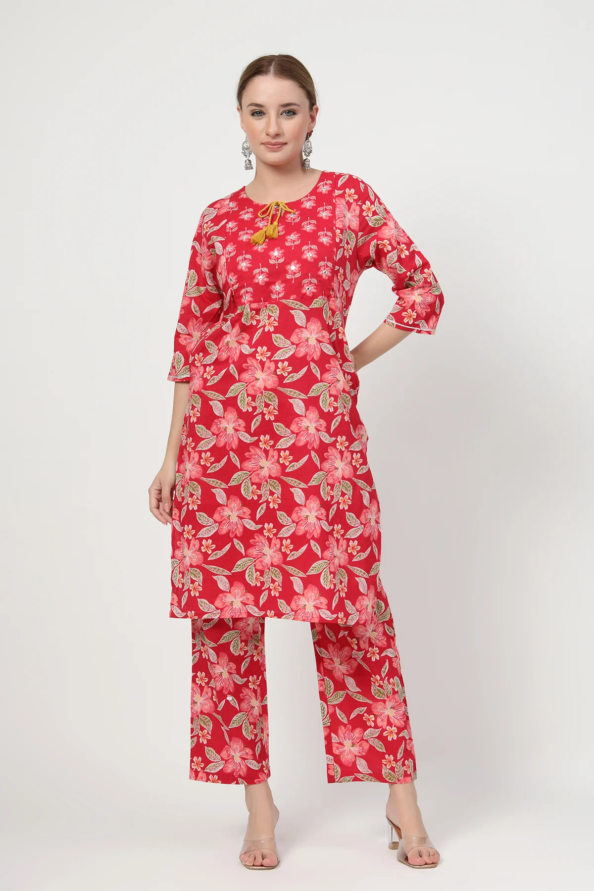 Floral Zip Feeding Cotton Kurta-Pant Set - Wine Red