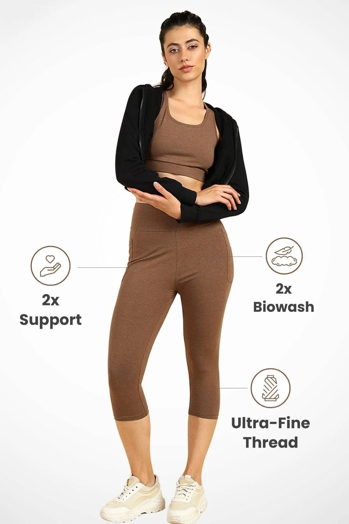 High Waist Melange Brown Mom Capri - Image 2