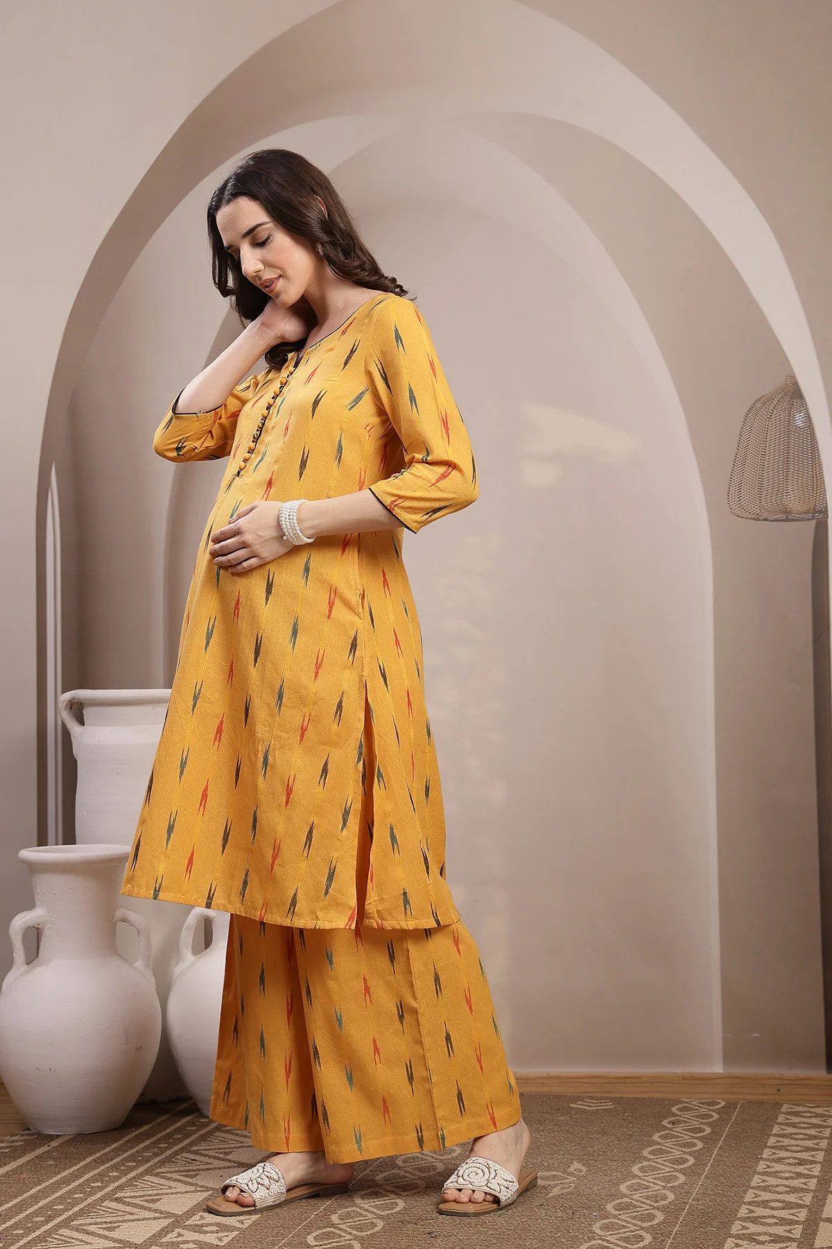 Ikat A Line Zipless Maternity Co-ord Set - Mustard - Image 4