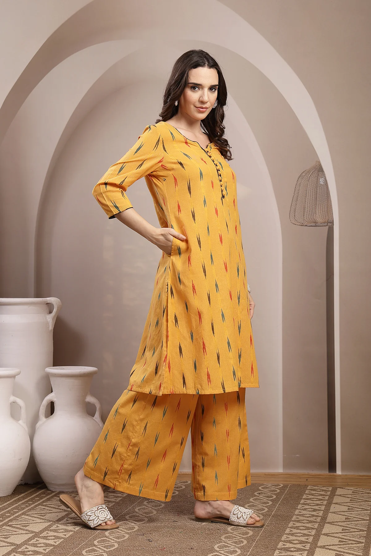 Ikat A Line Zipless Maternity Co-ord Set - Mustard - Image 6