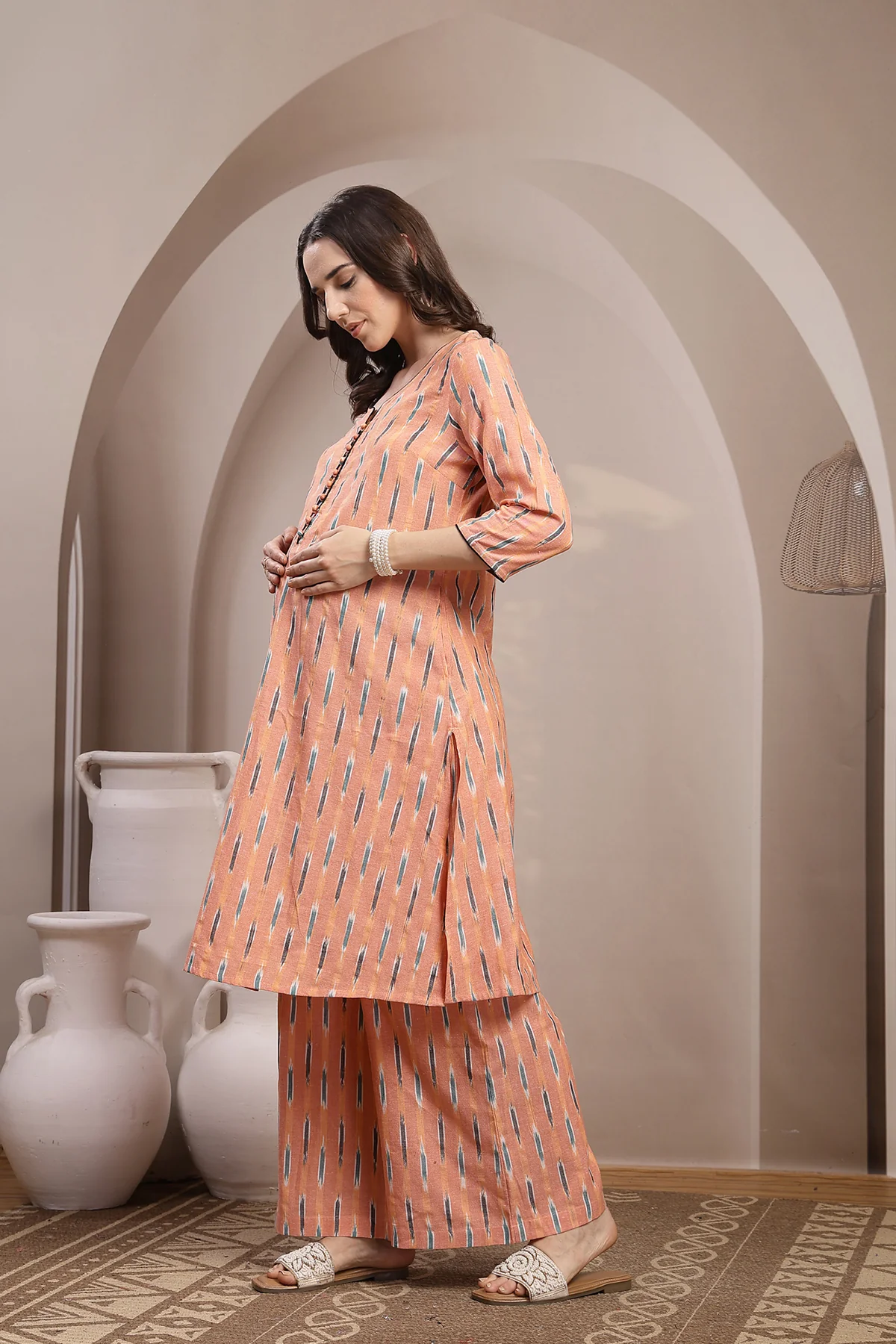 Ikat A Line Zipless Maternity Co-ord Set - Peach - Image 4
