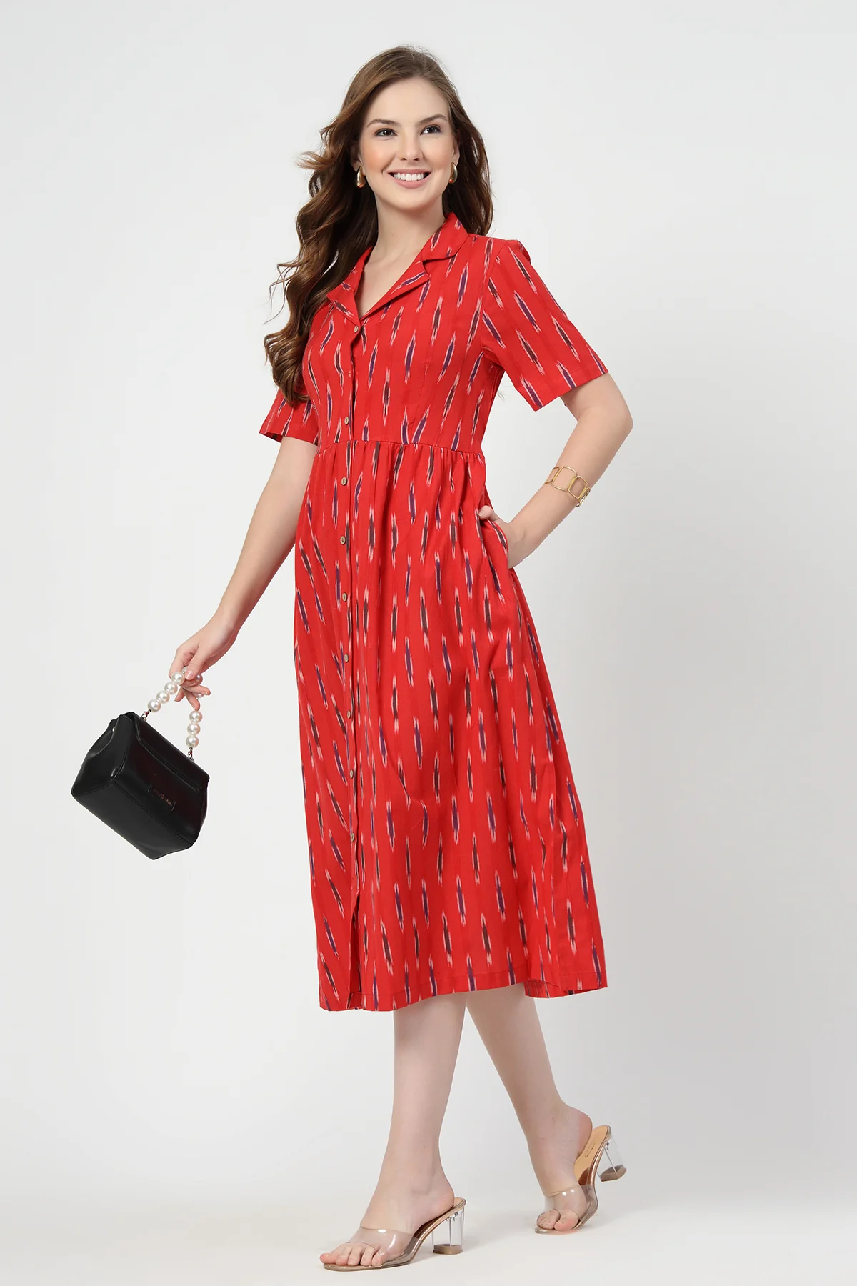 Ikat Print Zipless Feeding Dress-Brick Red