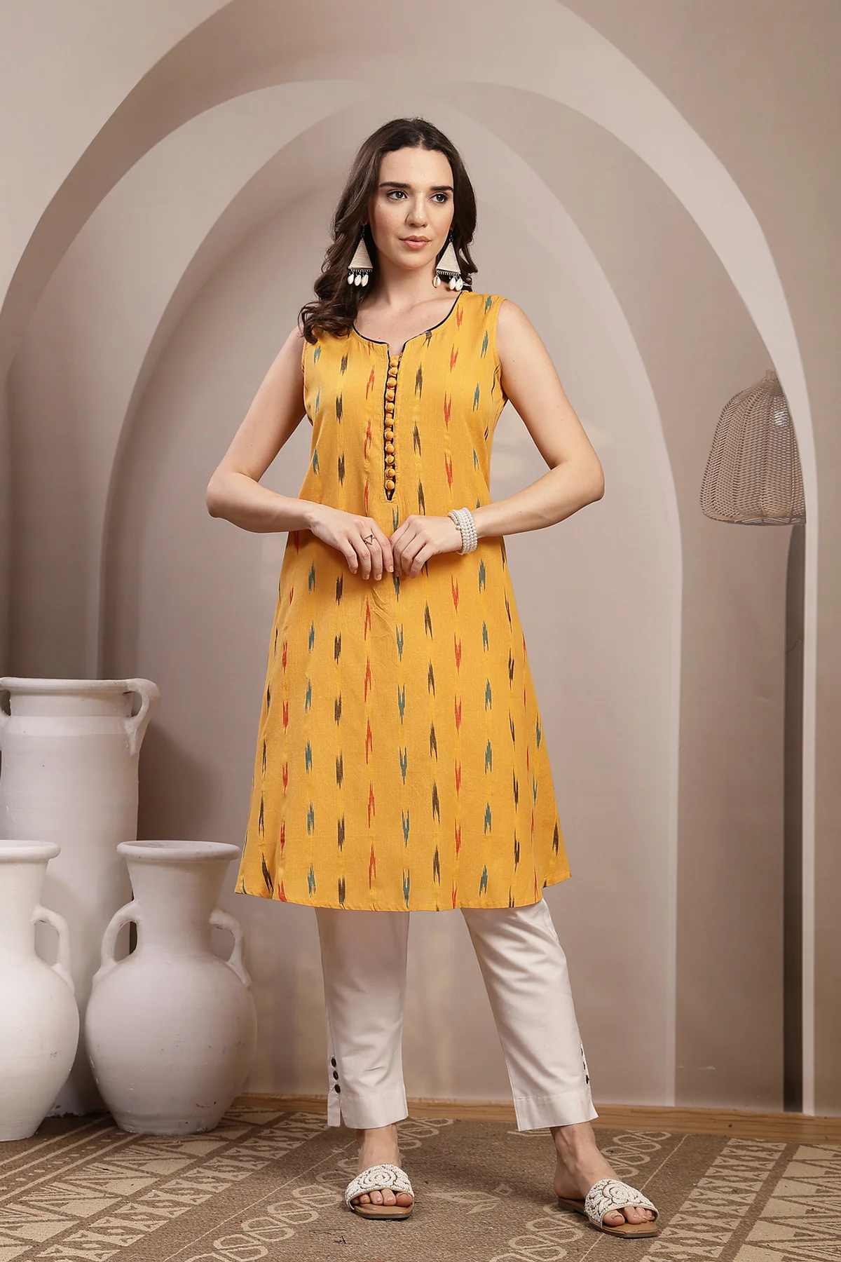 Ikat Sleeveless Zipless Maternity Kurta - Mustard