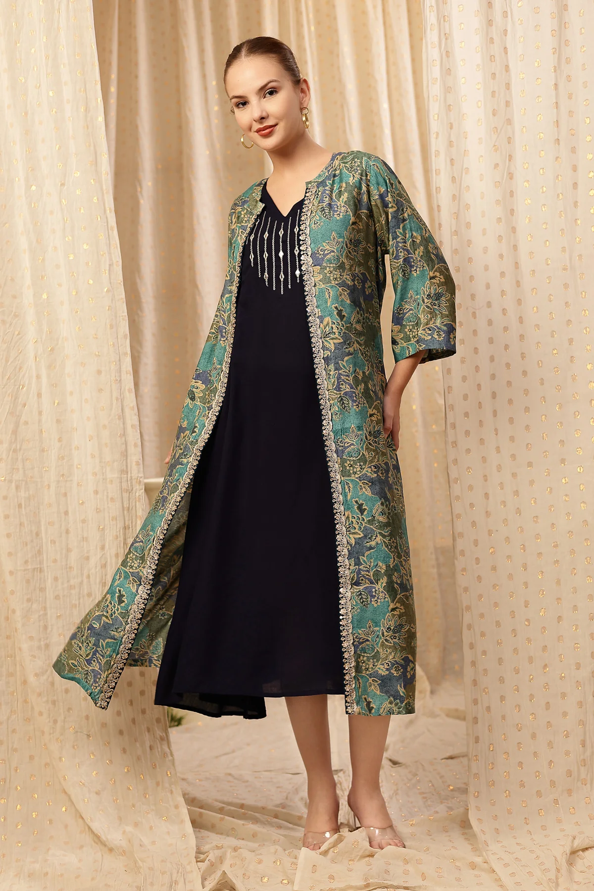 Laila – The Jewel-Tone Feeding Jacket Dress Set - Deep Navy - Image 11