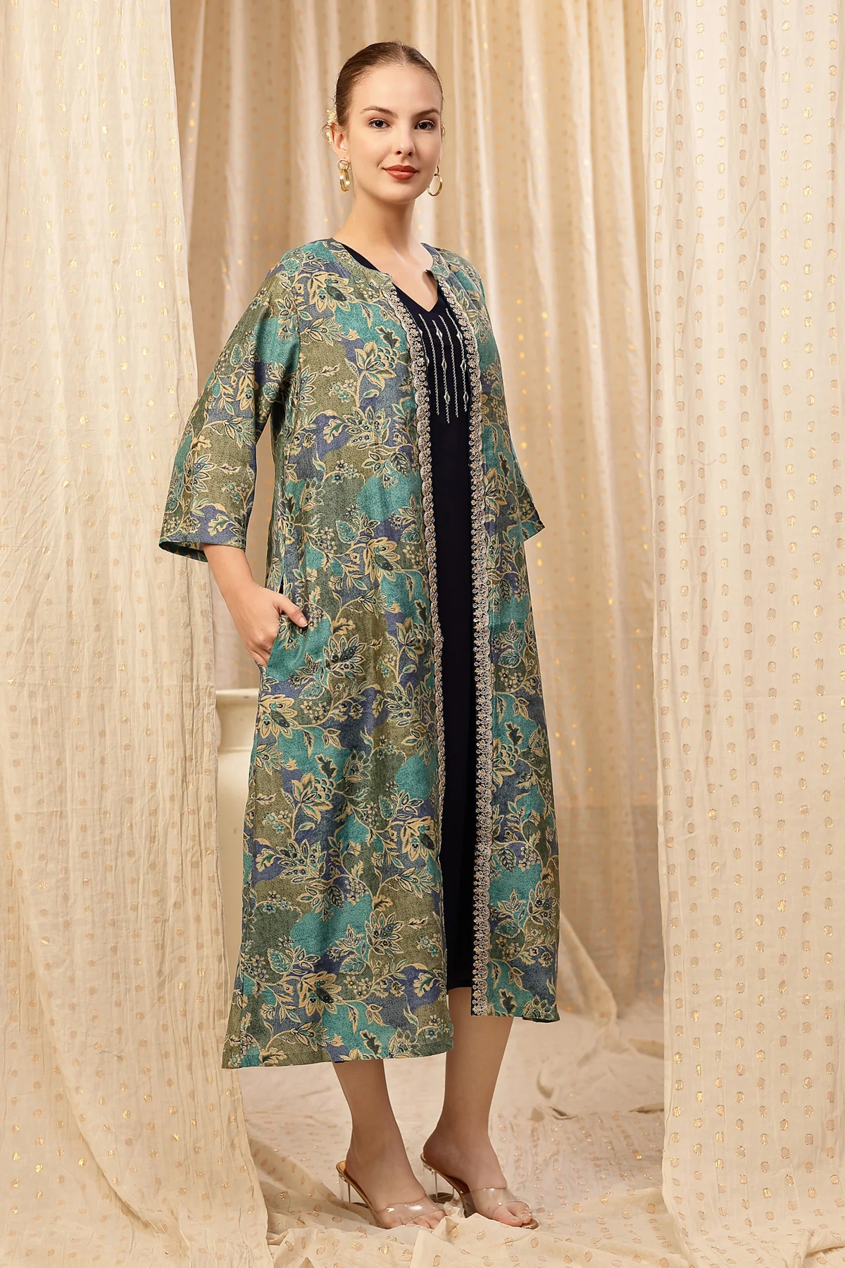 Laila – The Jewel-Tone Feeding Jacket Dress Set - Deep Navy - Image 3