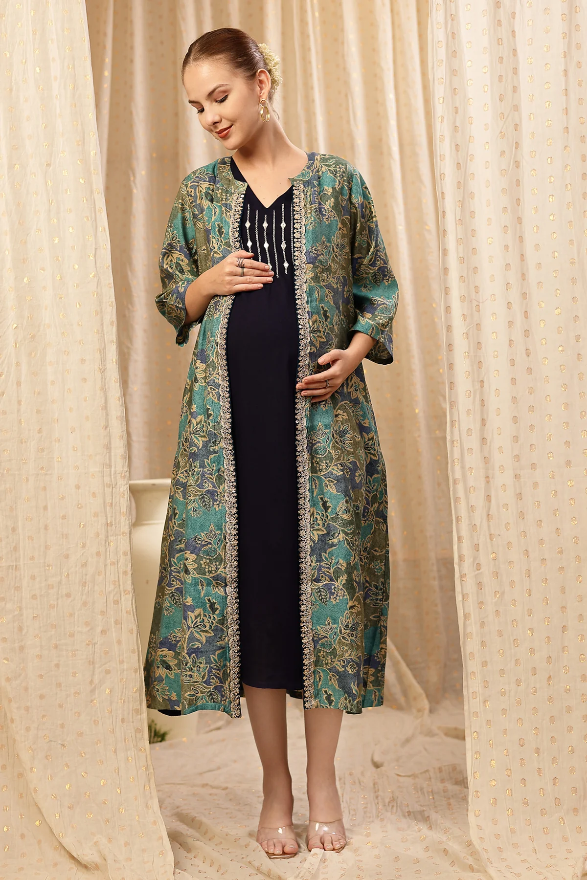 Laila – The Jewel-Tone Feeding Jacket Dress Set - Deep Navy - Image 7