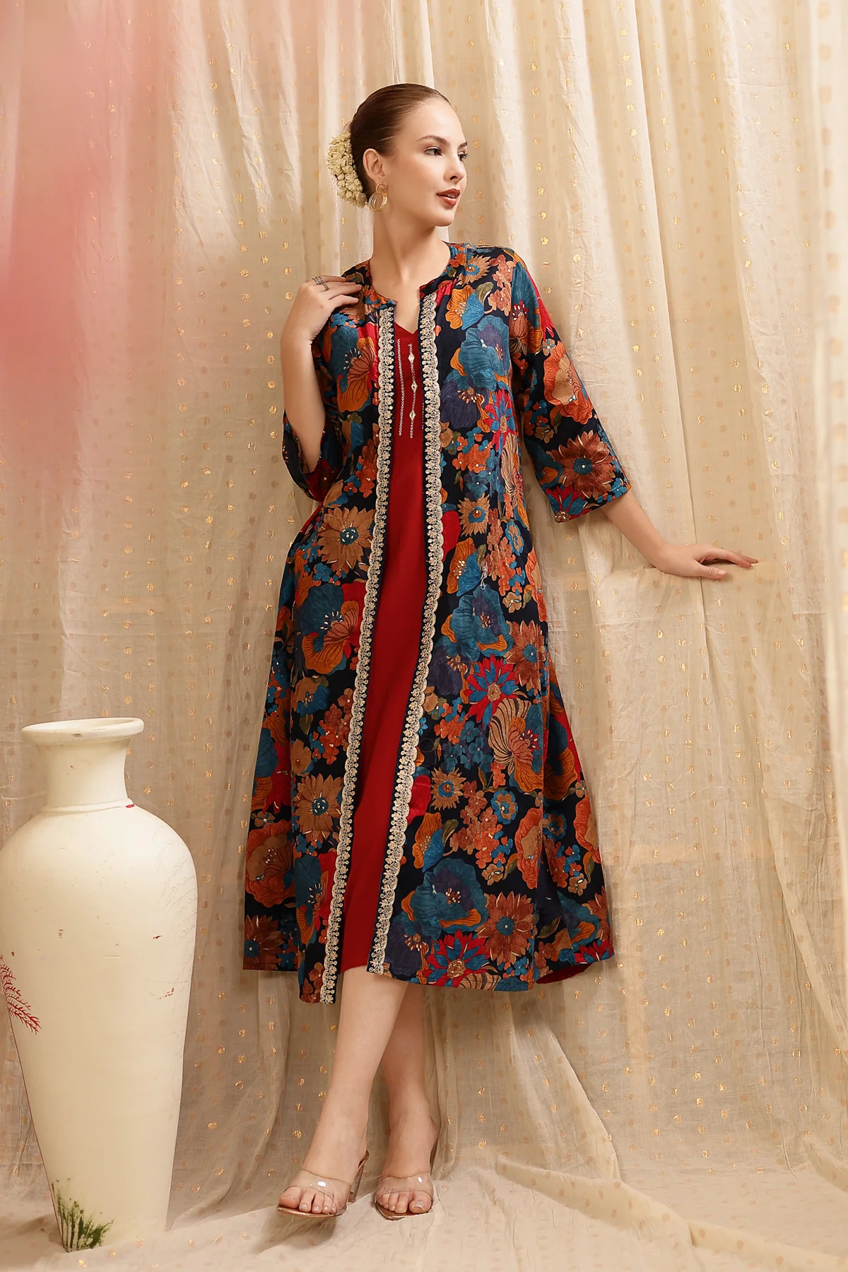 Laila – The Jewel-Tone Feeding Jacket Dress Set - Deep Red