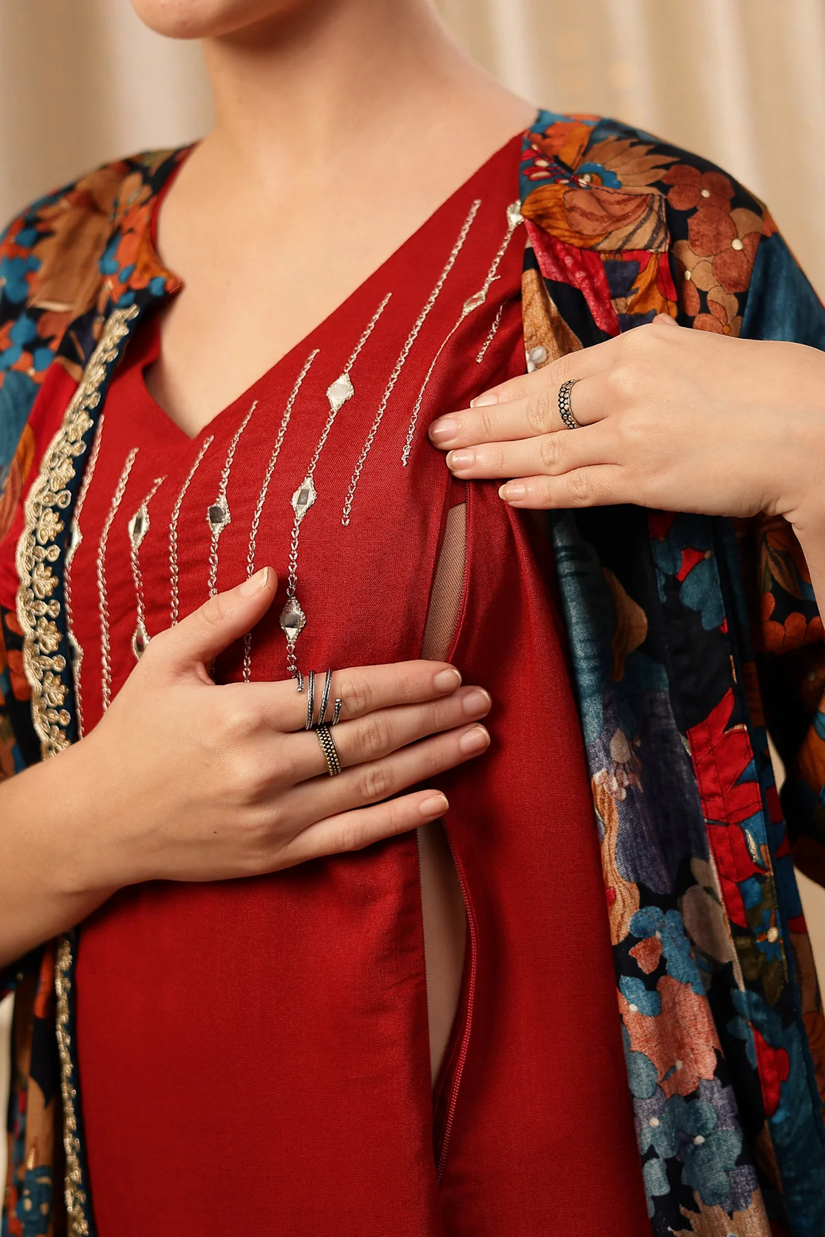 Laila – The Jewel-Tone Feeding Jacket Dress Set - Deep Red - Image 2
