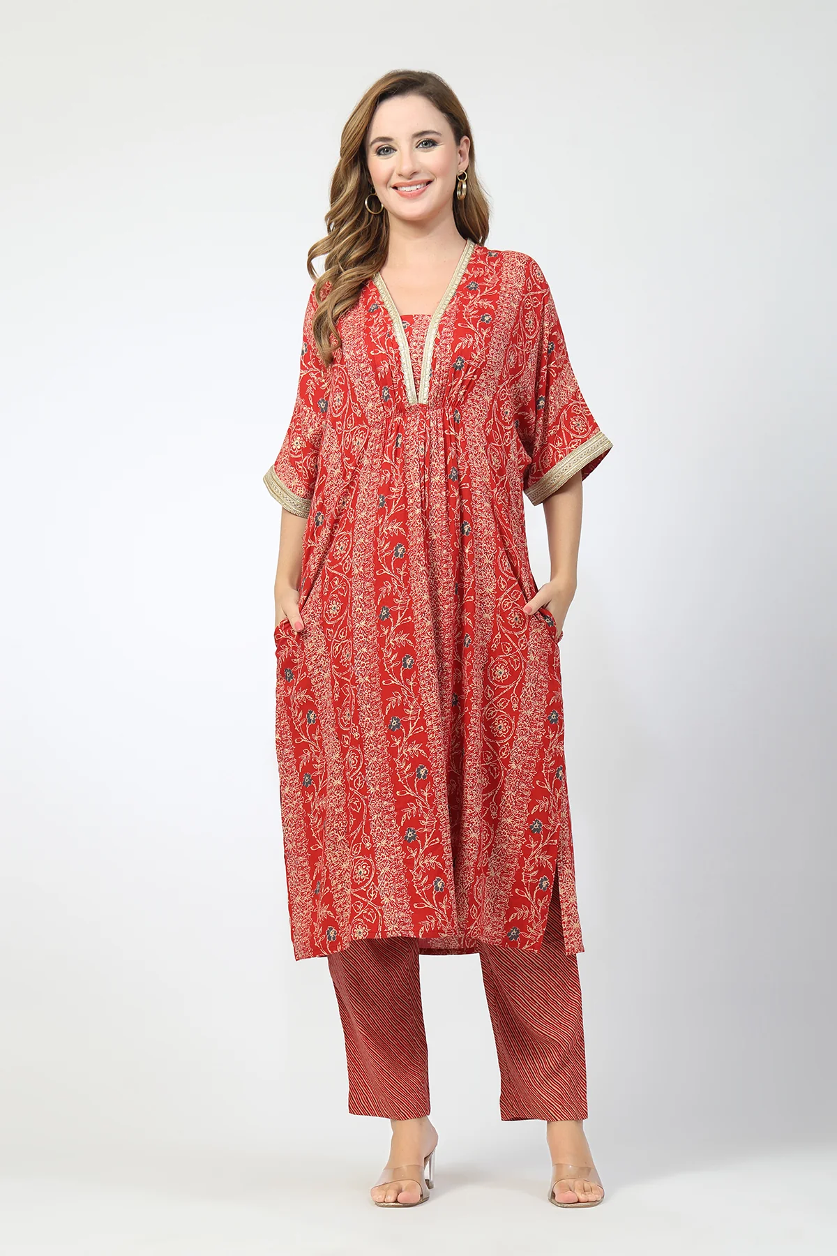 Maternity All Over Printed Zipless Feeding Kurta Set - Red