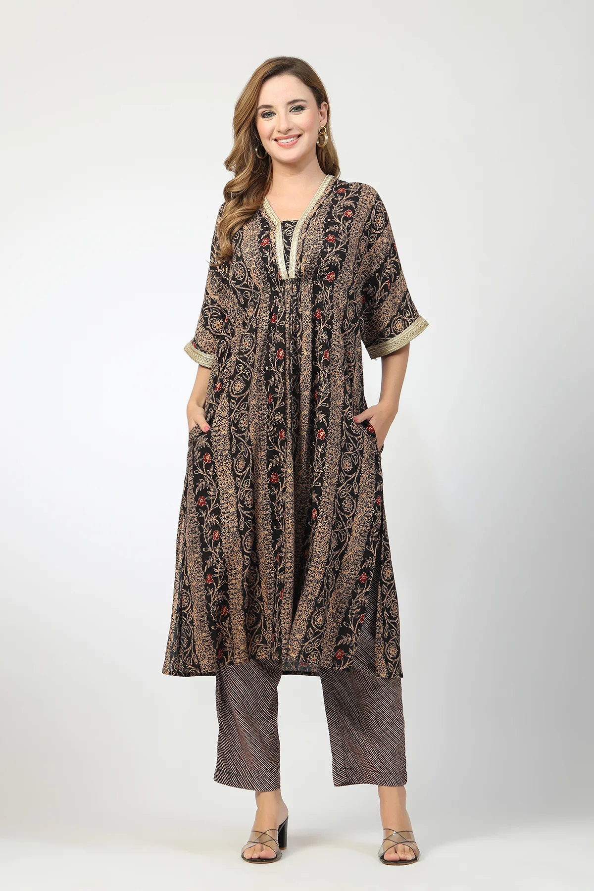 Maternity All Over Printed Zipless Feeding Kurta Set - Black