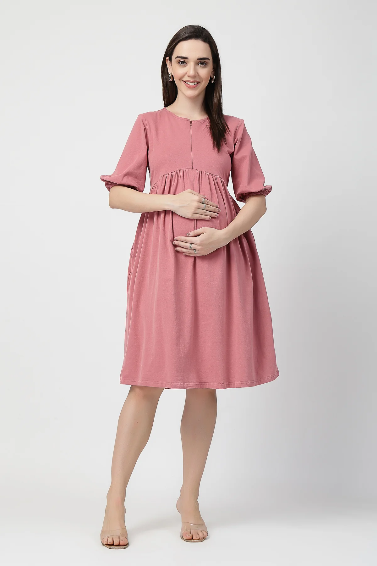 Maternity & Nursing Knee-Length Cotton Dress with Pocket - Deep Salmon