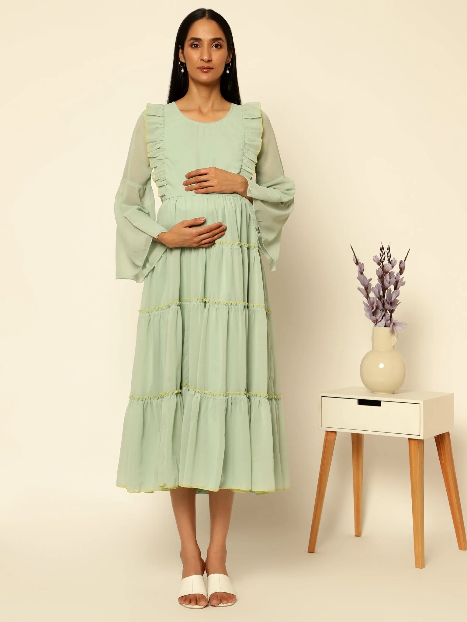 Maternity Photoshoot Special : Light Green Gown with Pocket - Image 3