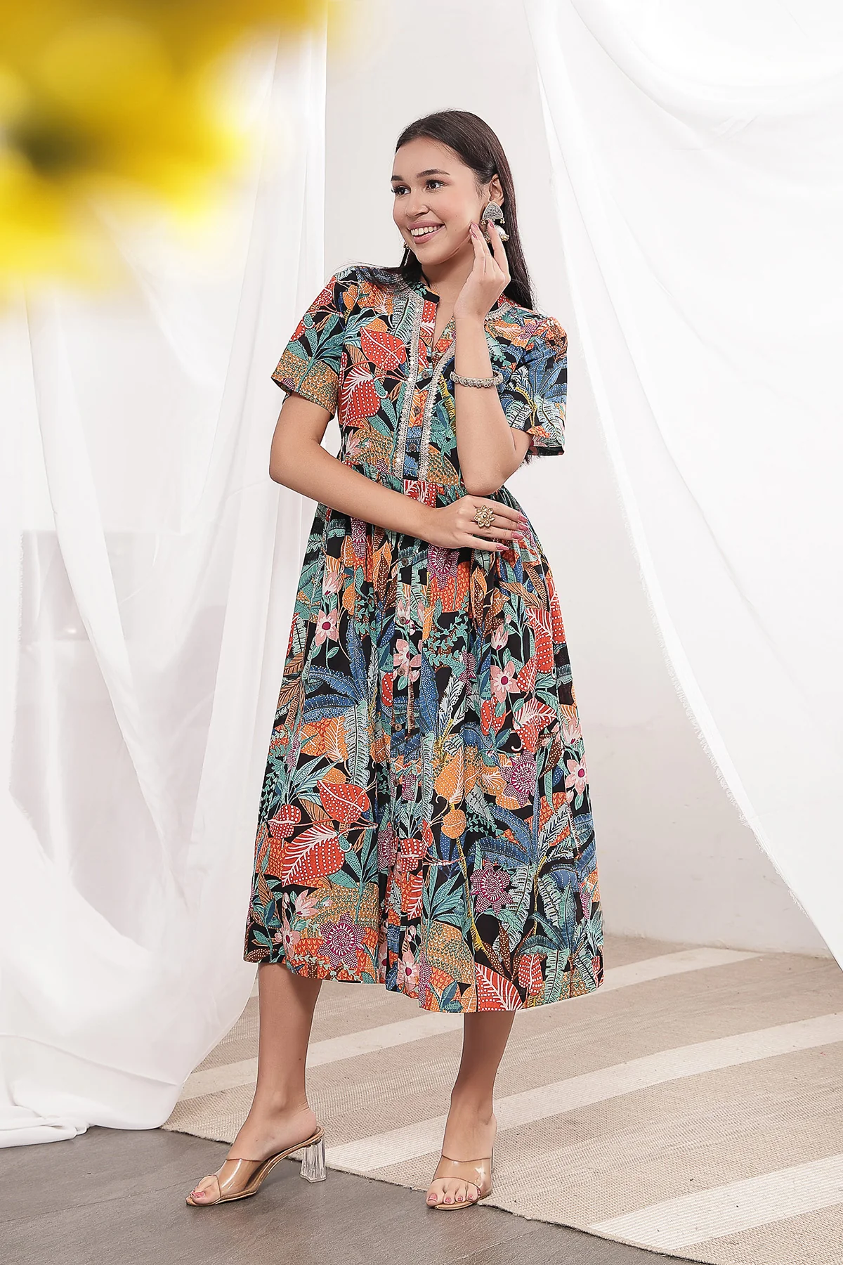 Mehr – The Festive Zipless Feeding Lapel Dress- Black Multi