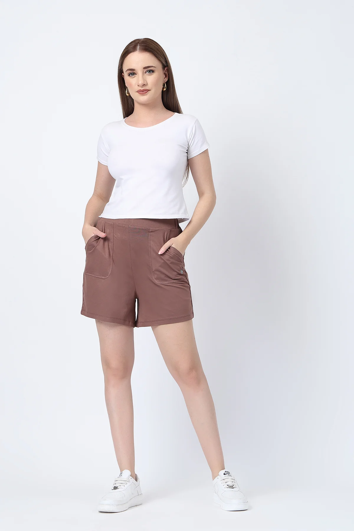 Mocha Mid-Rise Maternity Shorts (Pregnancy & Postpartum) - Image 5