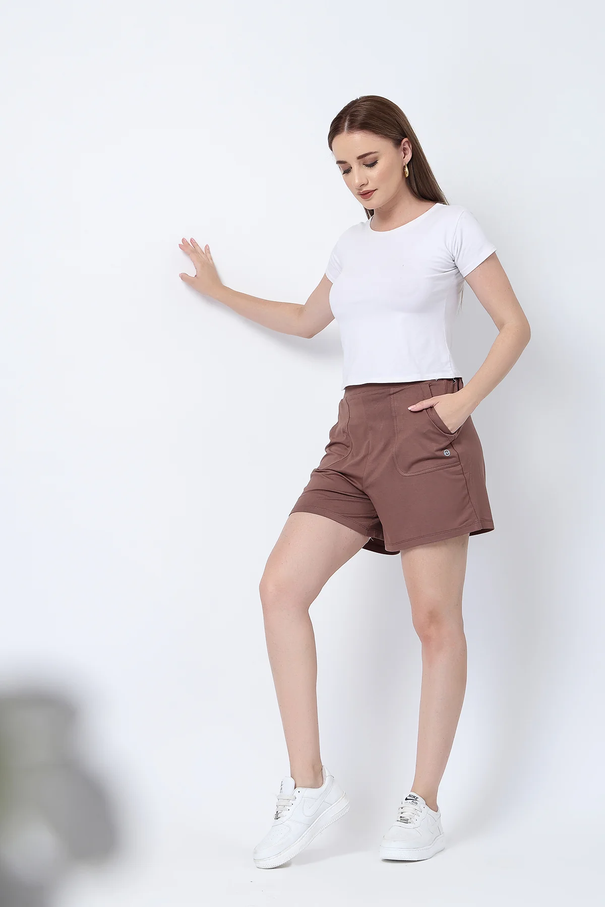 Mocha Mid-Rise Maternity Shorts (Pregnancy & Postpartum) - Image 6