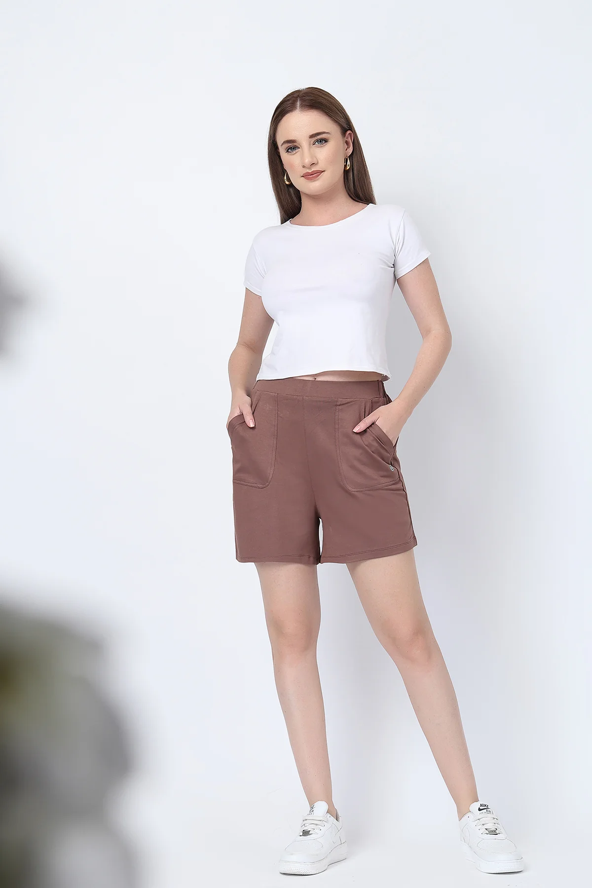 Mocha Mid-Rise Maternity Shorts (Pregnancy & Postpartum) - Image 7