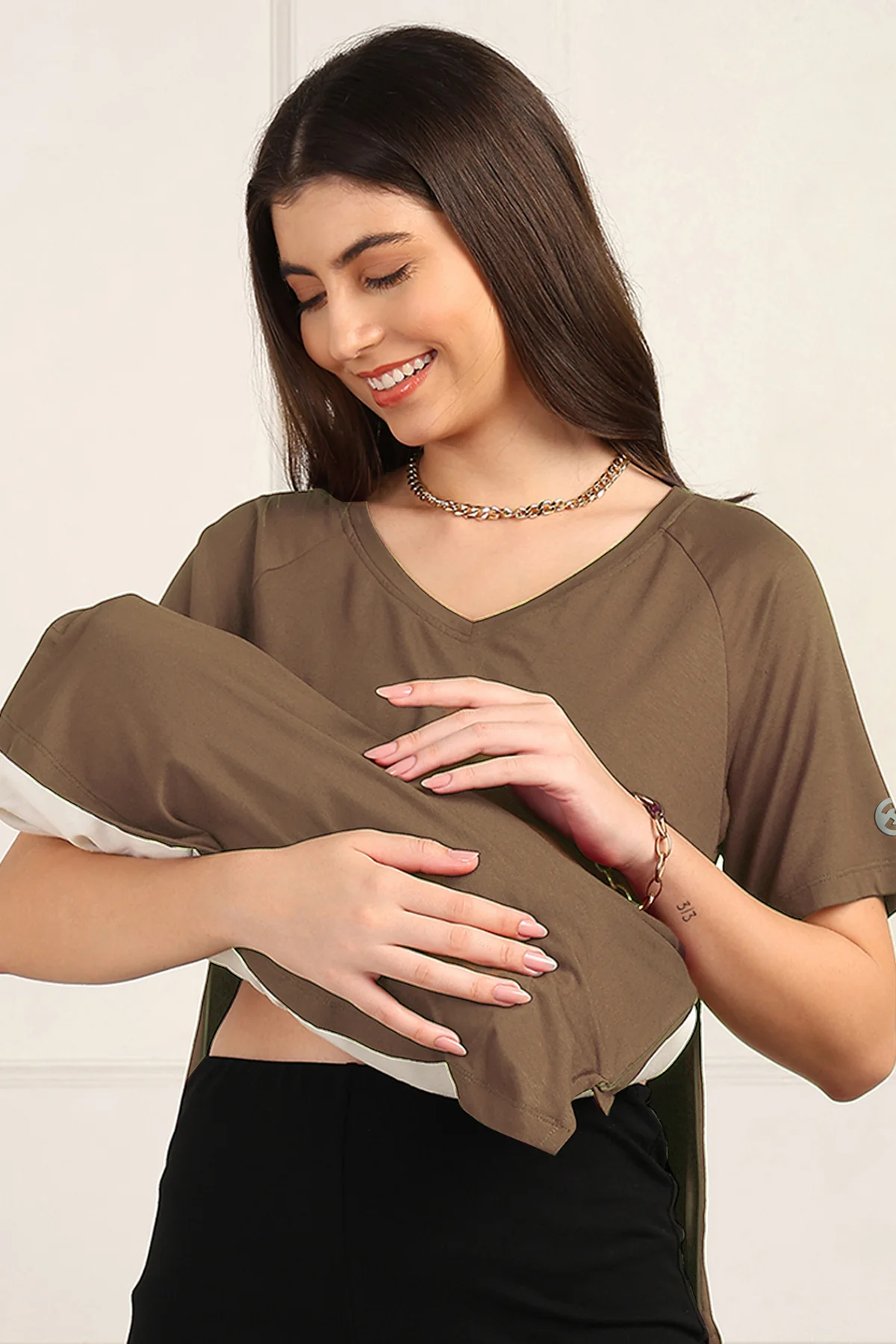 Mocha Solid Nursing Top with Side Zip Access - Image 2