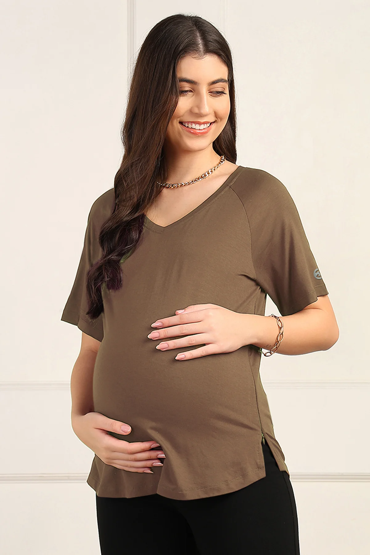 Mocha Solid Nursing Top with Side Zip Access - Image 3
