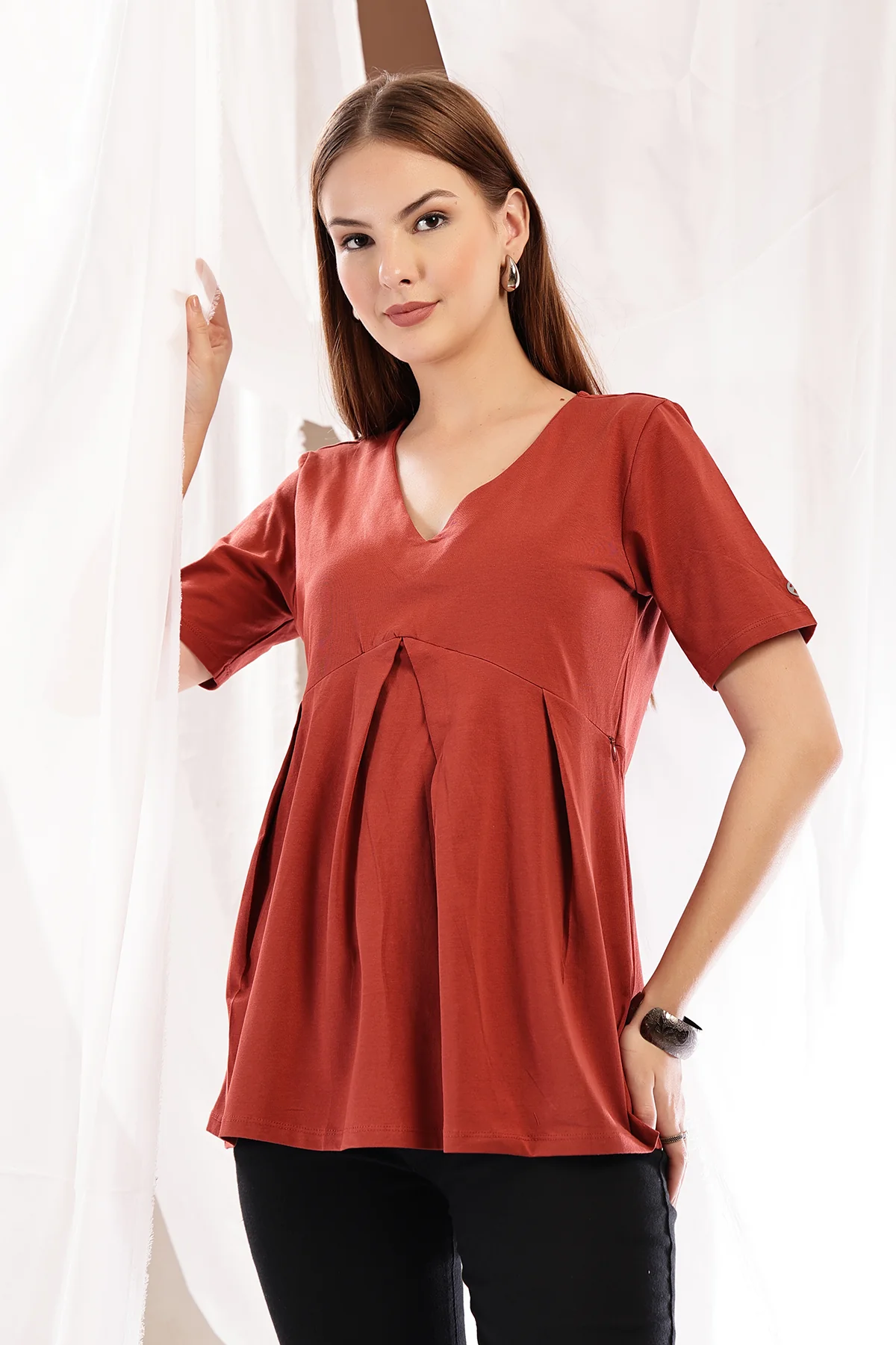 Pleated Cotton Maternity Nursing Top - Rust