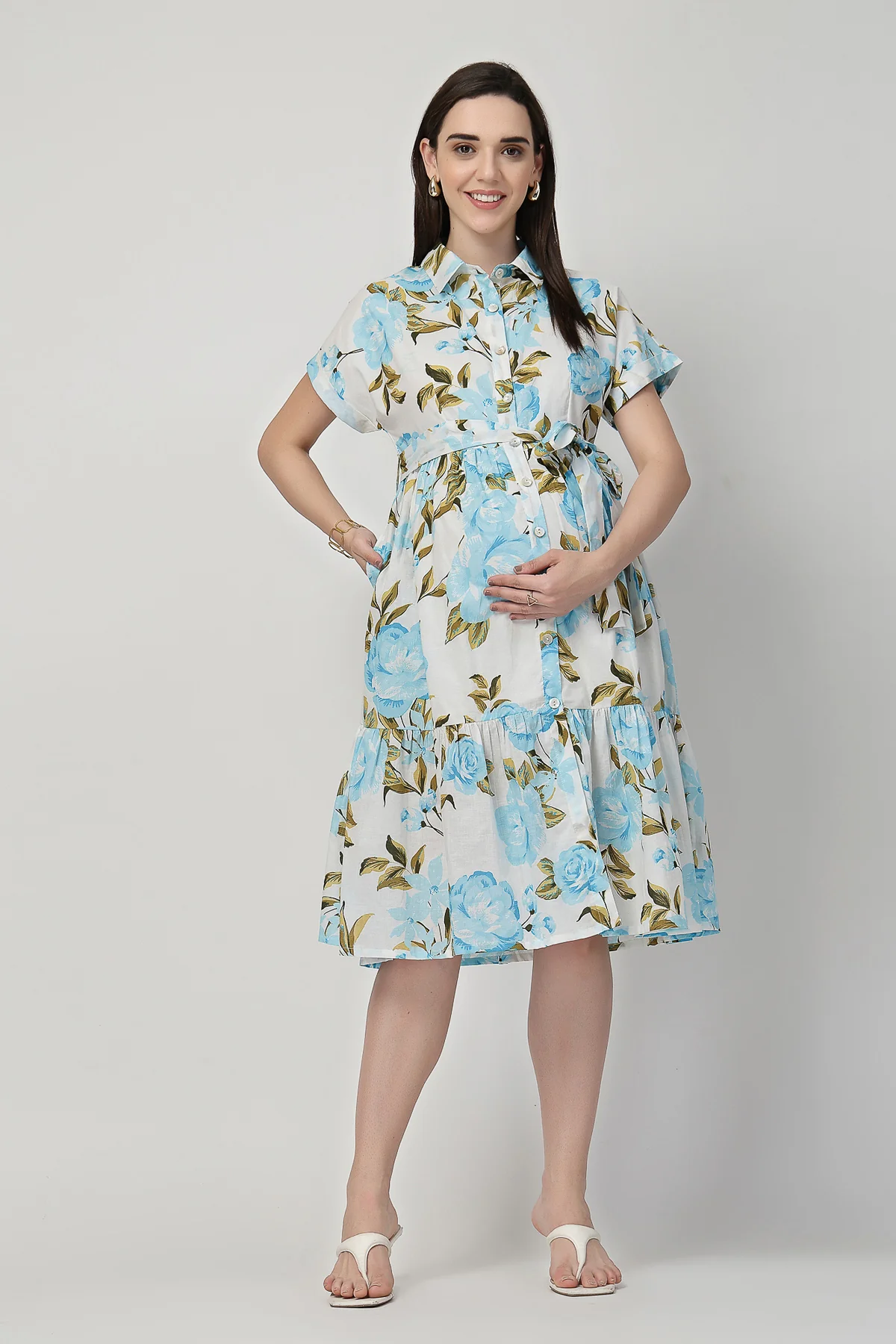 Printed Tiered Cotton Poplin Zipless Feeding Shirt Dress - Sky Blue