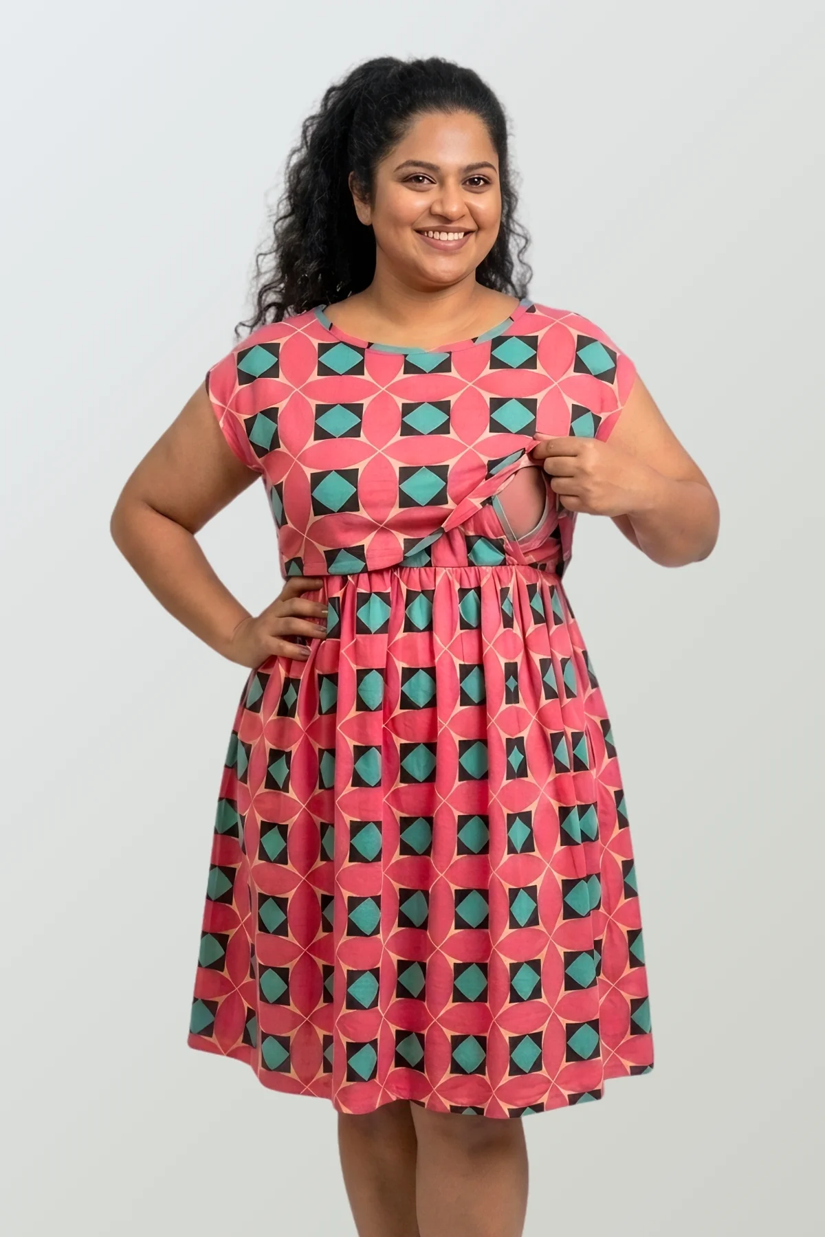 Red Geometric Print Maternity Zipless Feeding Dress - Image 3