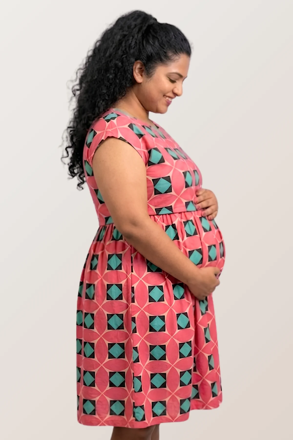 Red Geometric Print Maternity Zipless Feeding Dress - Image 7