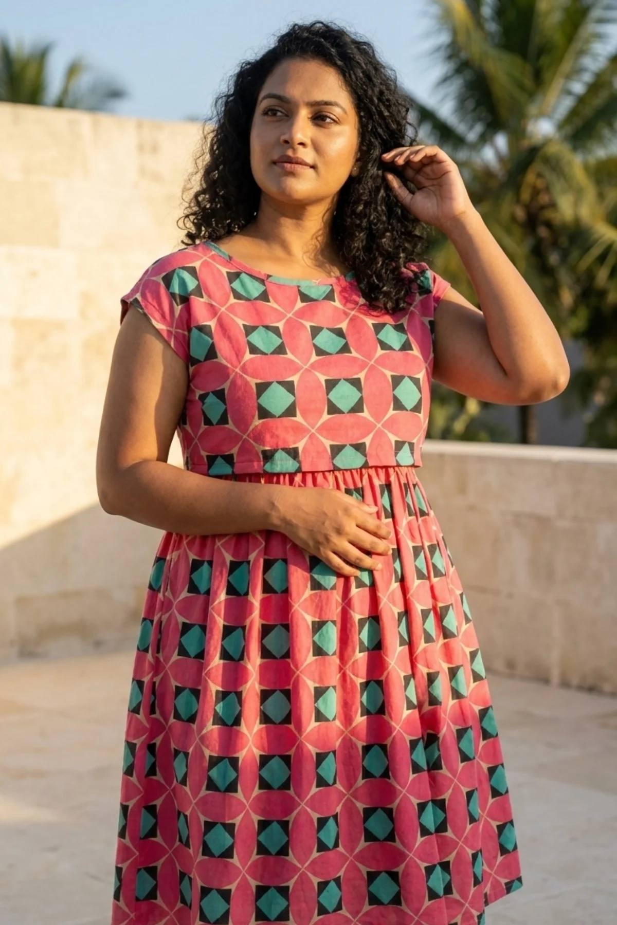 Red Geometric Print Maternity Zipless Feeding Dress - Image 9